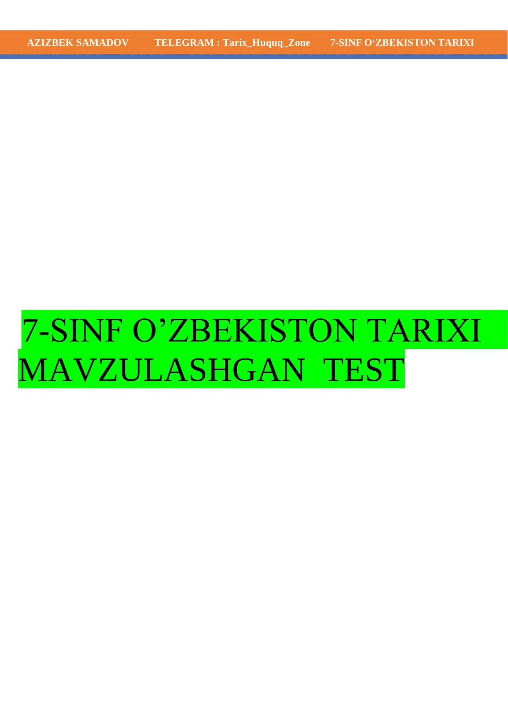 7-SINF O'ZBEKISTON TARIXI Test 1