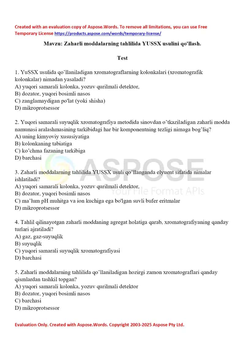 5. Zaharli moddalarning tahlilida YUSSX usulini qo'llash. Test 15 ta 1