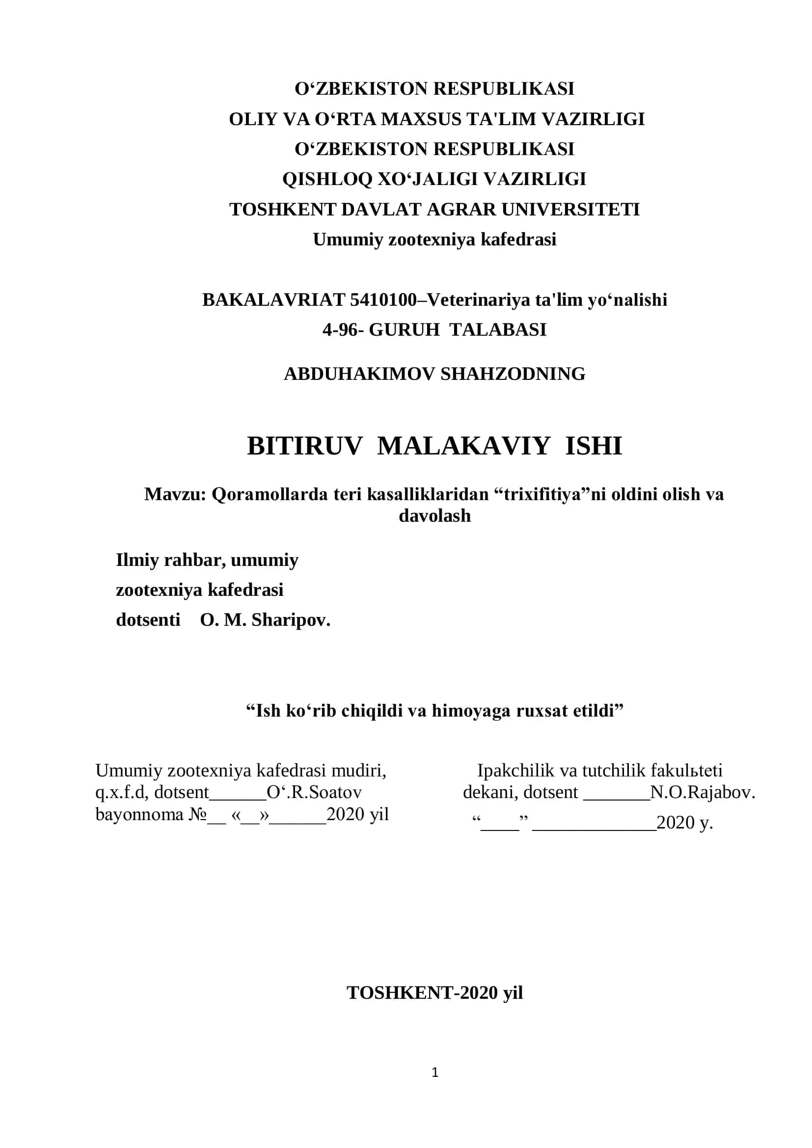 Qoramollarda teri kasalliklaridan “trixifitiya”ni oldini olish va 1