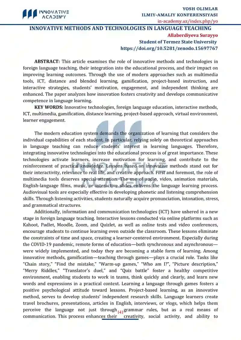 INNOVATIVE METHODS AND TECHNOLOGIES IN LANGUAGE TEACHING