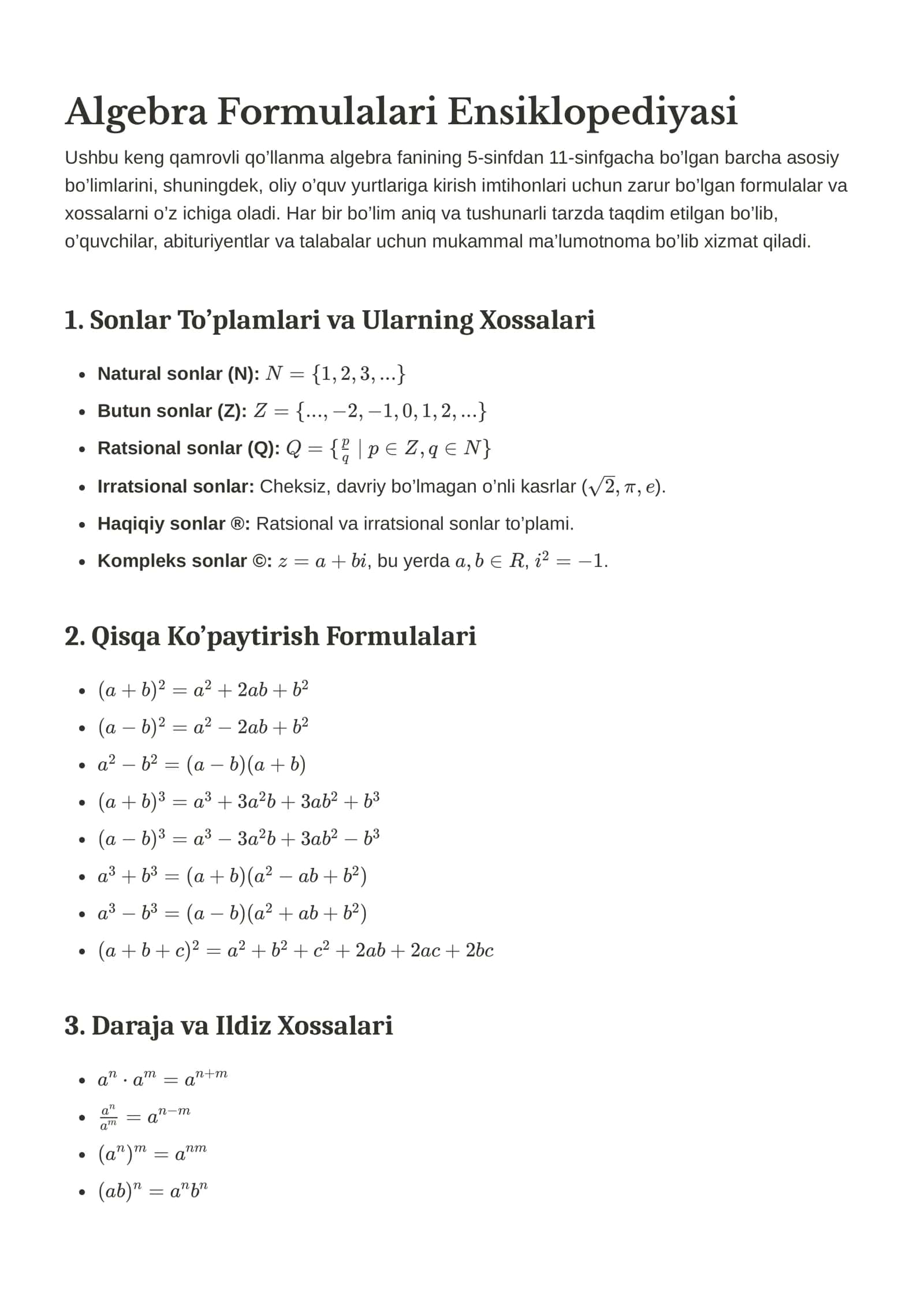 Algebra Formulalari Ensiklopediyasi 1