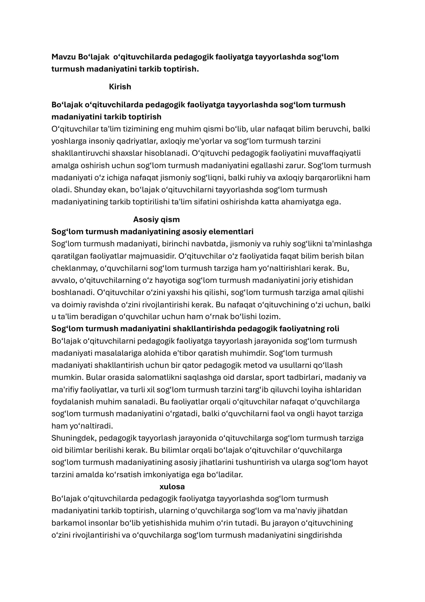 Bo‘lajak o‘qituvchilarda pedagogik faoliyatga tayyorlashda sog‘lom turmush madaniyatini tarkib toptirish 1