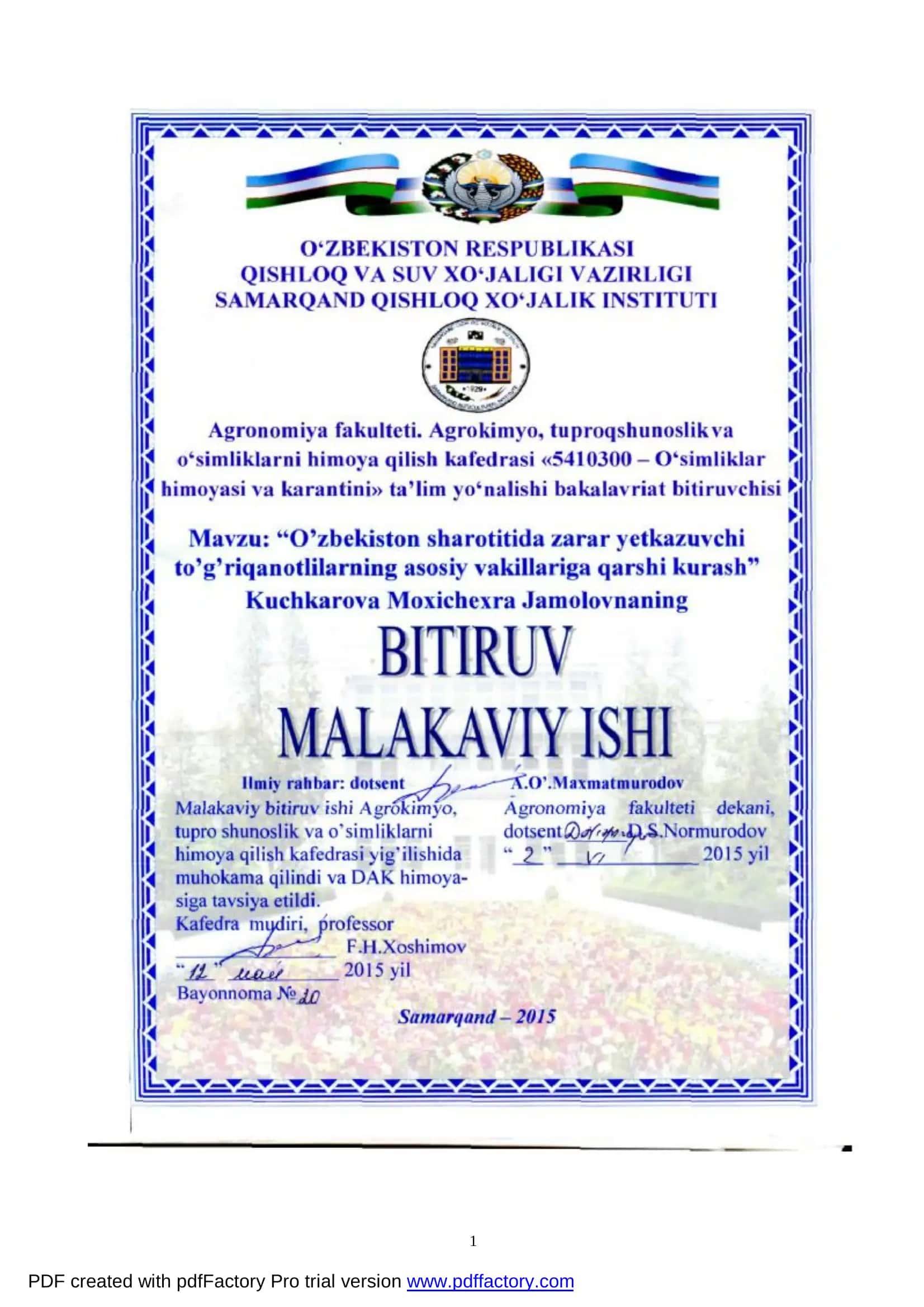 O'simliklar himoyasi va karantini ta'lim yo'nalishi bakalavriat bitiruvchisi 1
