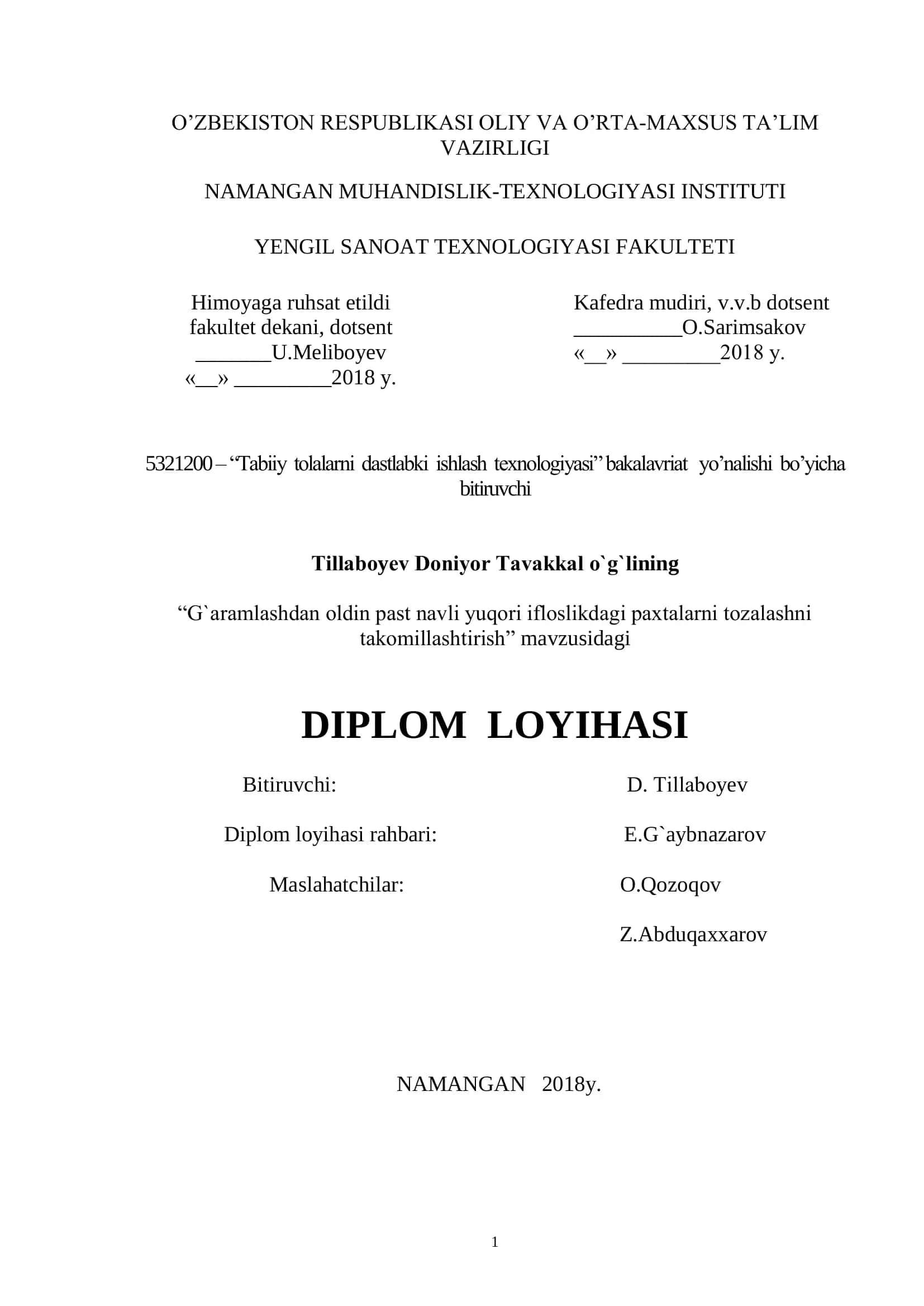 Tabiiy tolalarni dastlabki ishlash texnologiyasi bakalavriat 1