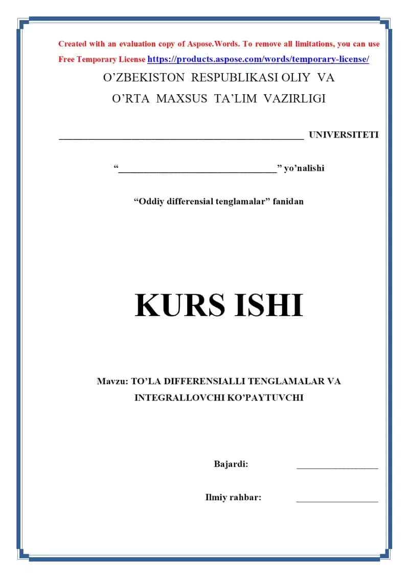 To’la differensialli tenglamalar va integrallovchi ko’paytuvchi 1
