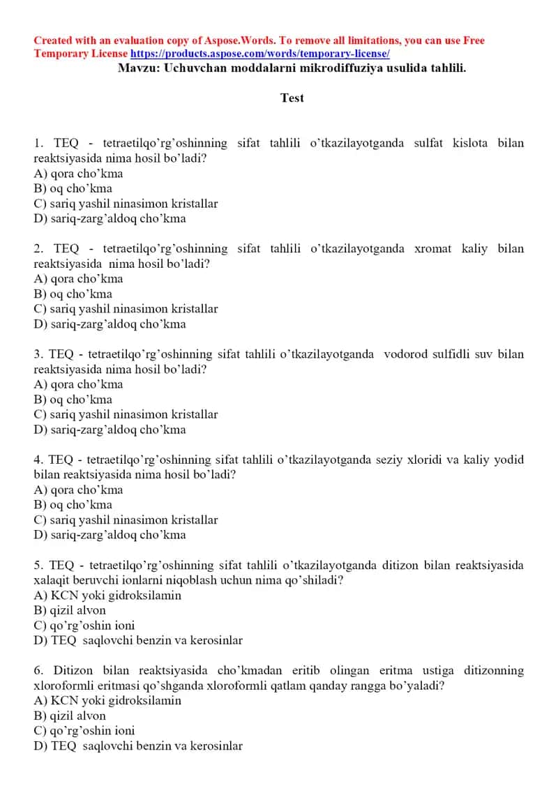 10. Tetraetilqo'rg'oshin. Toksikologik ahamiyati, ashyoviy dalillardan ajratib olish va tahlil usullari. Test 15 ta. 1
