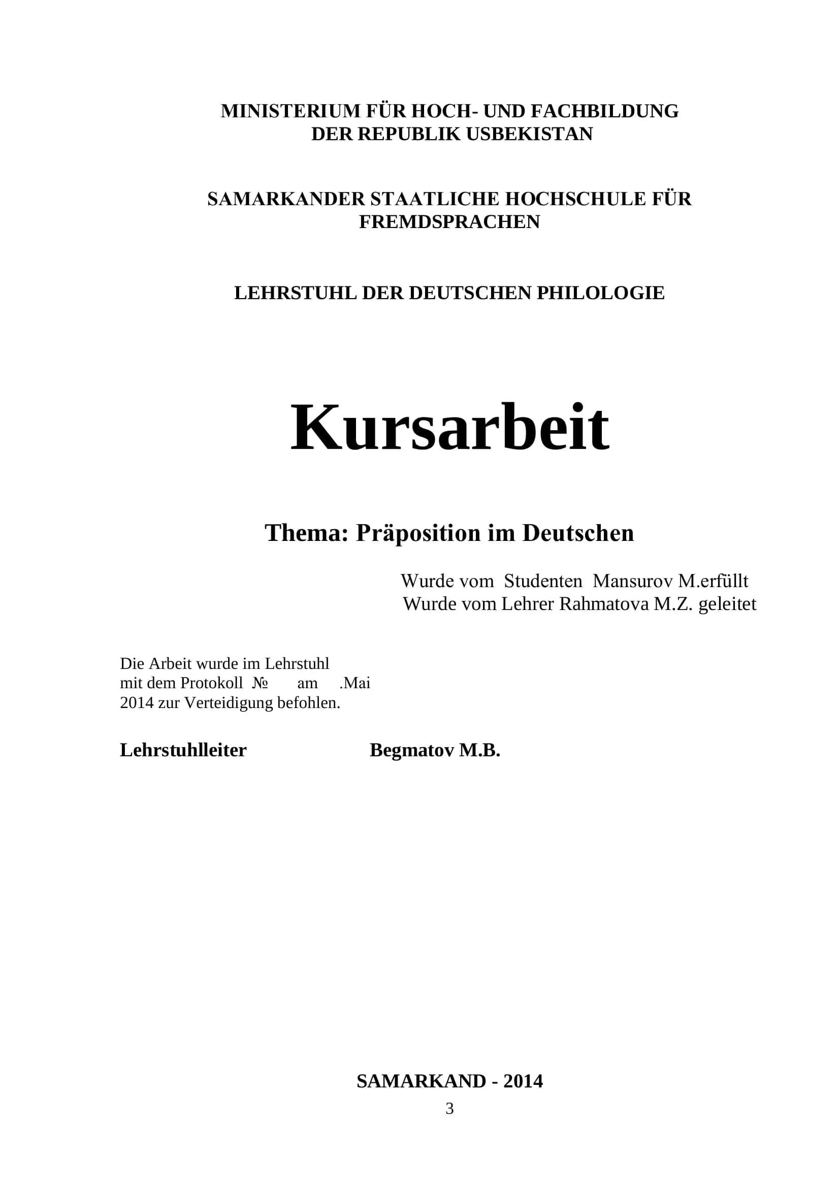 Kursarbeit: Präposition im Deutschen 1