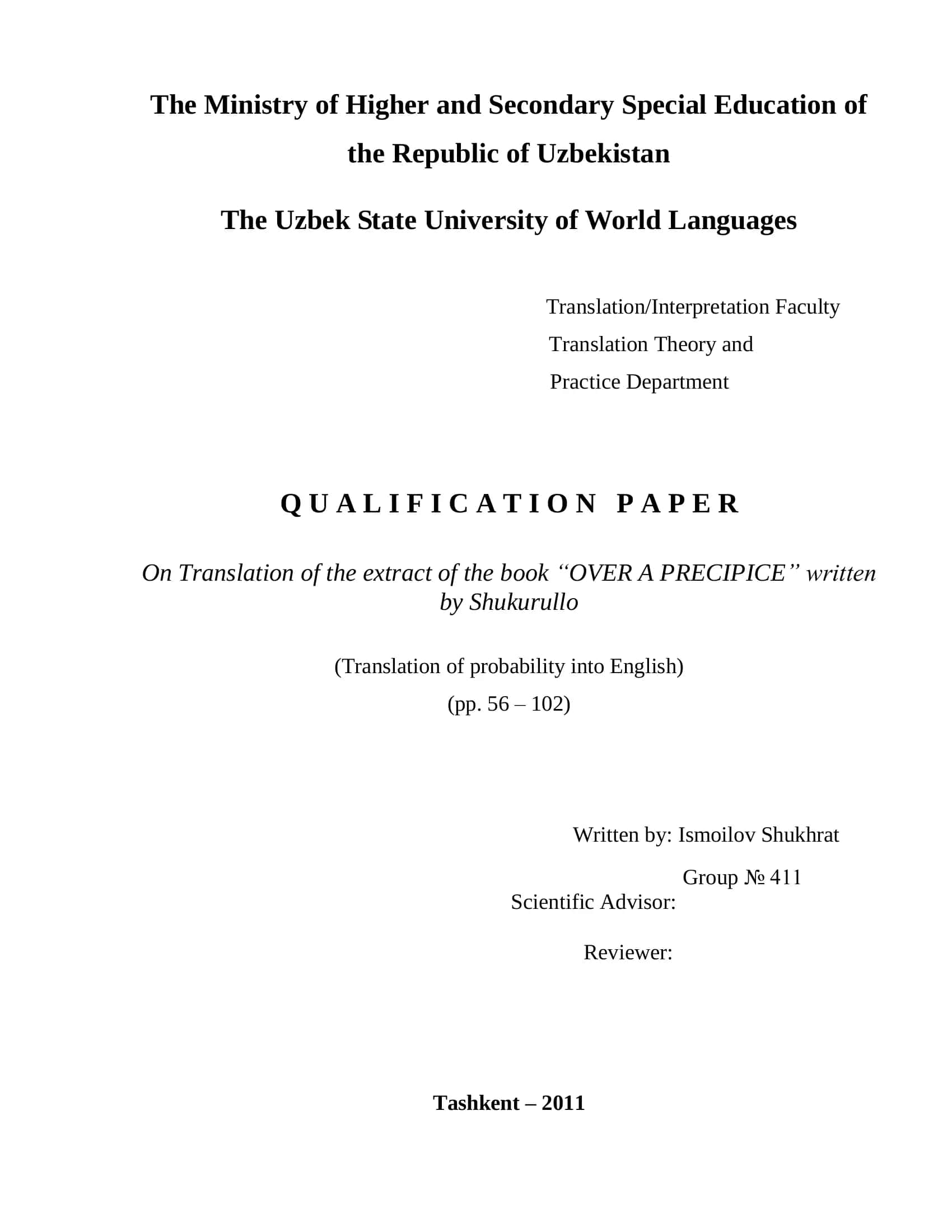 Translation of the extract of the book “OVER A PRECIPICE” by Shukurullo 1