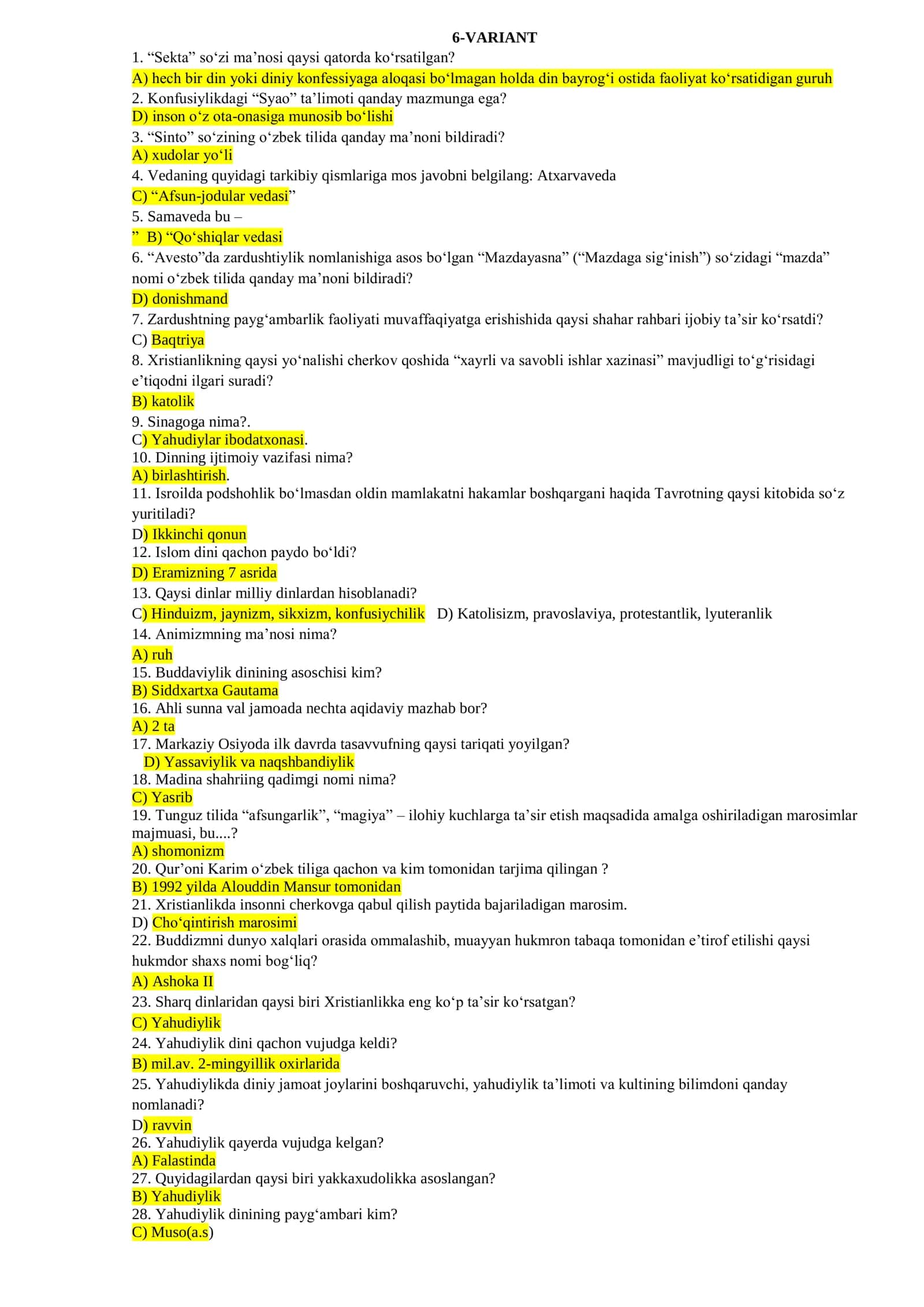 dinshunoslik fanidan testlar to'plami 1
