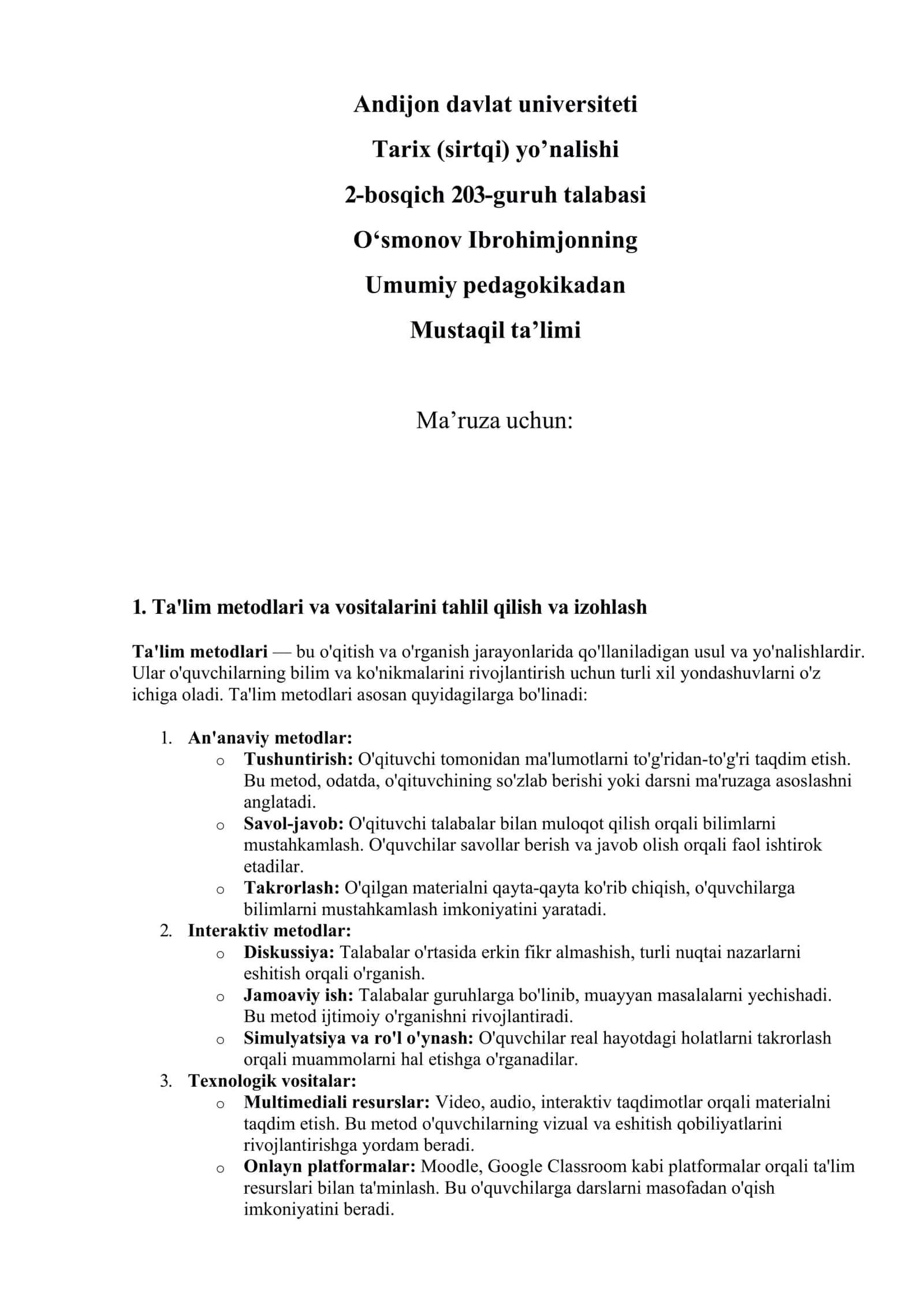 Umumiy pedagokikadan Mustaqil ta’limi 1