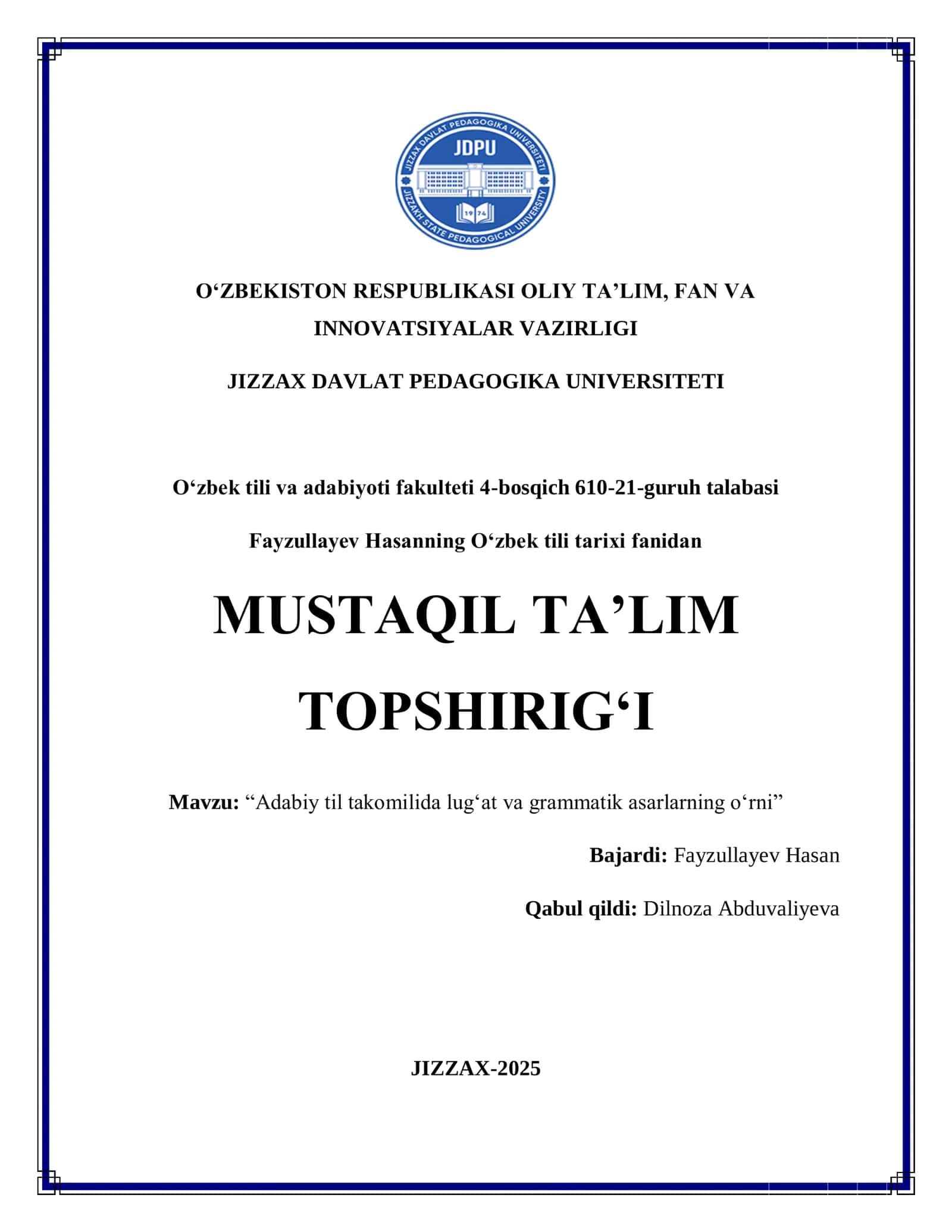 "Oʻzbek adabiy tilining XIV asrdagi taraqqiyoti" mavzusida mustaqil ish topshirigʻi 1