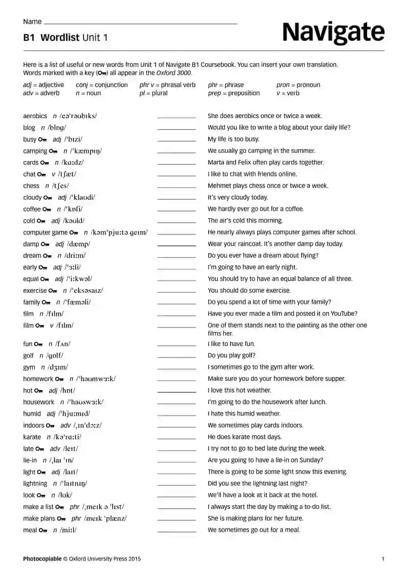 B1 Wordlist Unit 1