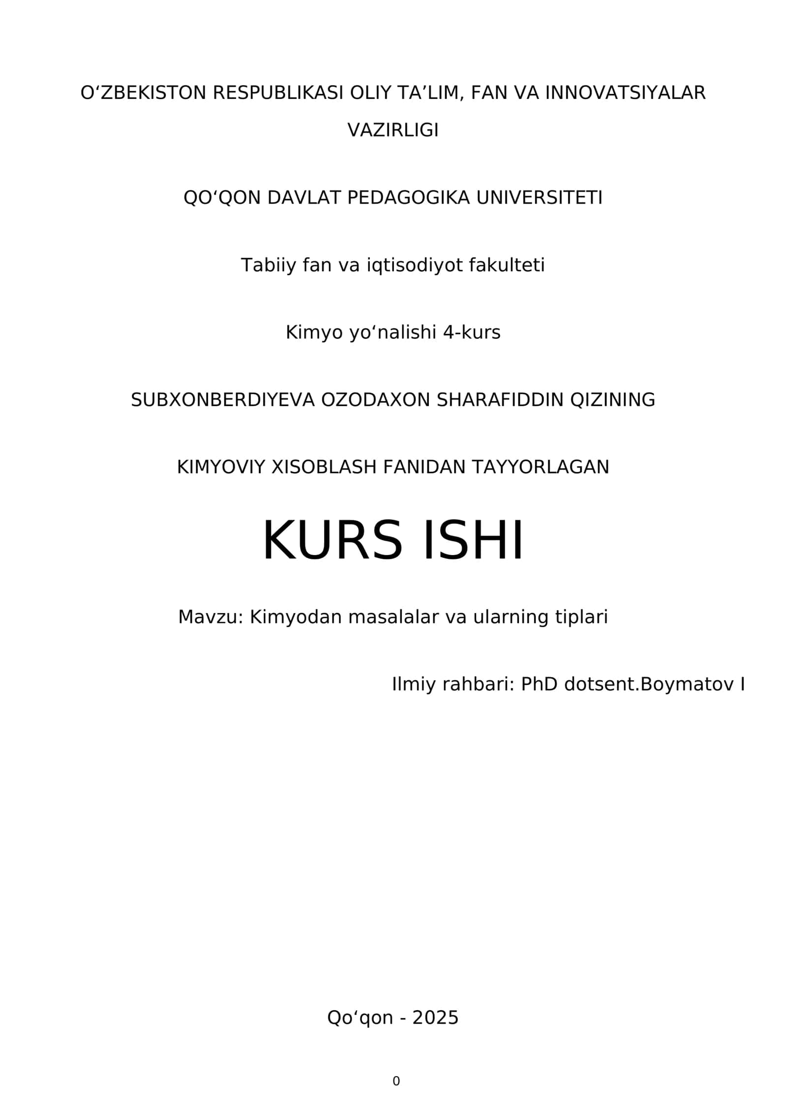 KIMYOVIY XISOBLASH FANIDAN TAYYORLAGAN KURS ISHI 1
