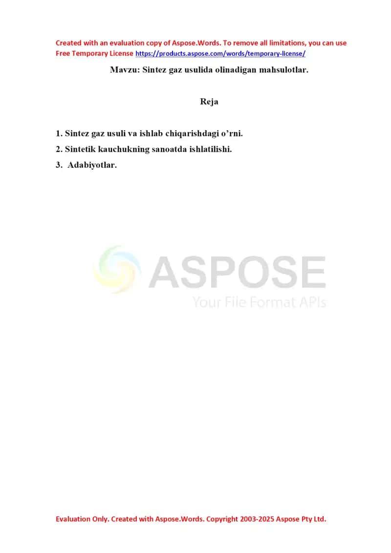 4. Sintez gaz usulida olinadigan mahsulotlar. Referat 5 bet. 1