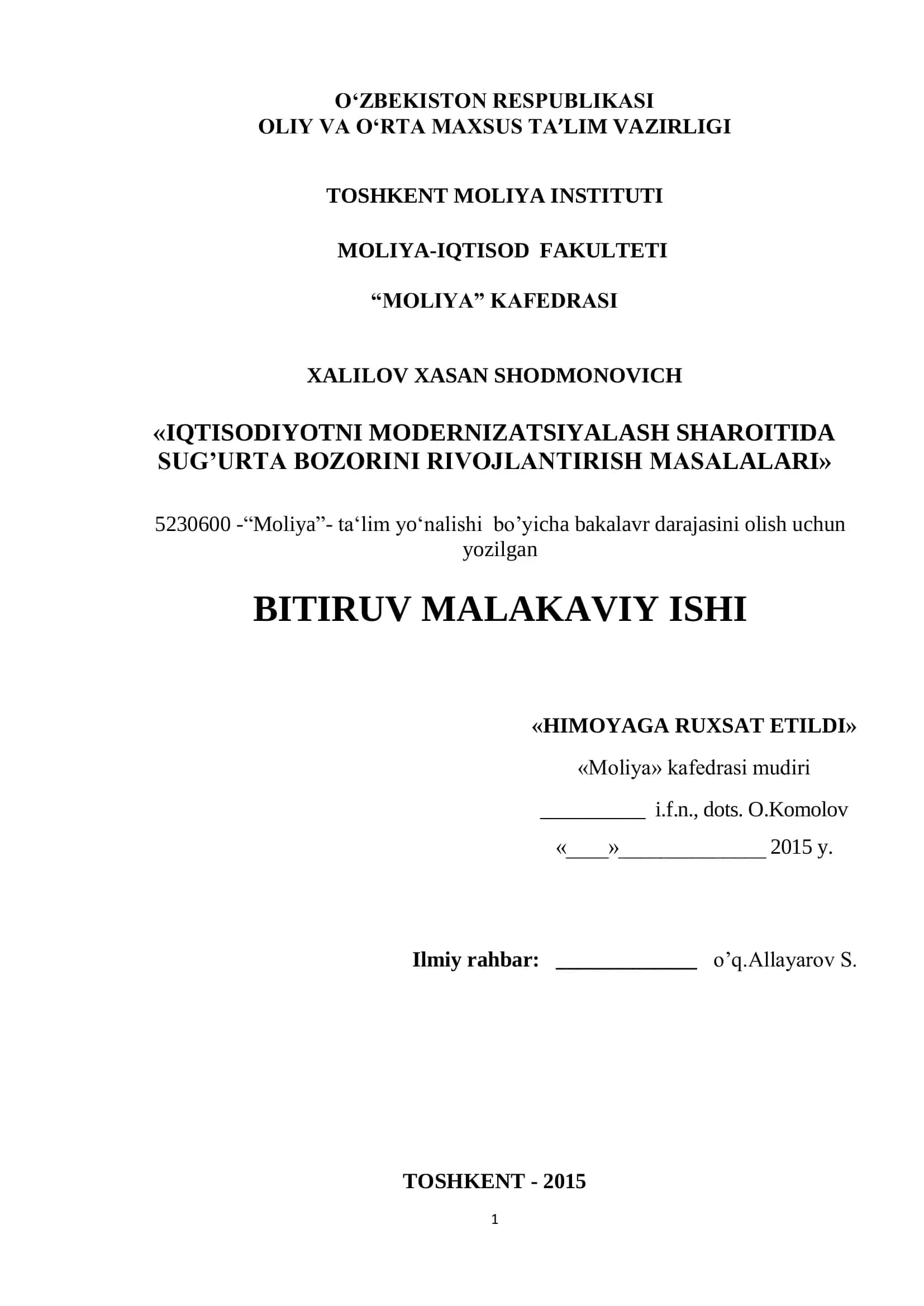 IQTISODIYOTNI MODERNIZATSIYALASH SHAROITIDA SUG’URTA BOZORINI RIVOJLANTIRISH MASALALARI 1