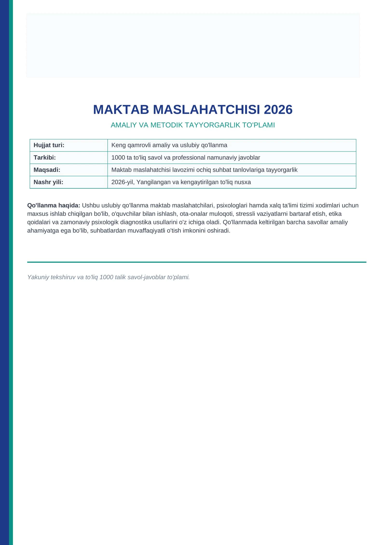 Maktab maslahatchisi 2026 — 1000 ta test, suhbat va vaziyatli savollar 1