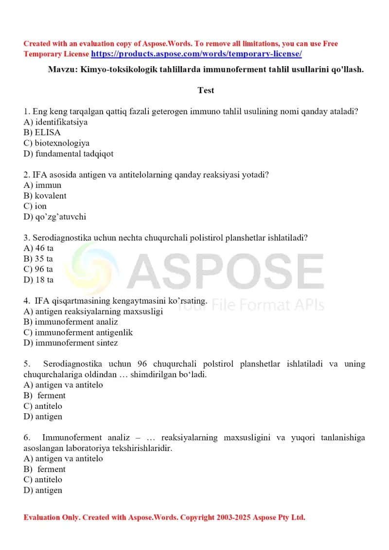 15. Kimyo-toksikologik tahlillarda immunoferment tahlil usullarini qo'llash. Test, 10 ta. 1
