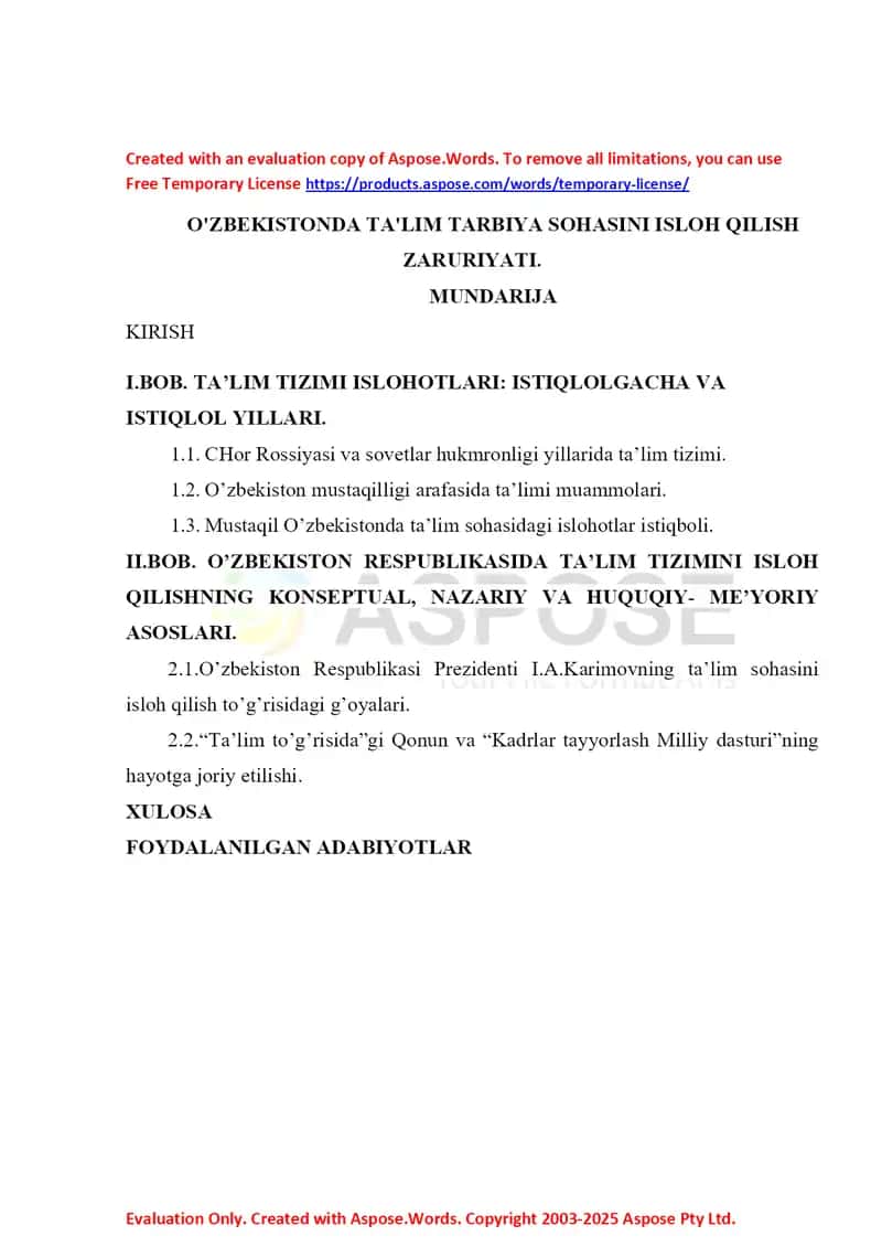 O‘ZBEKISTONDA TA'LIM TARBIYA SOHASINI ISLOH QILISH ZARURIYATI 1