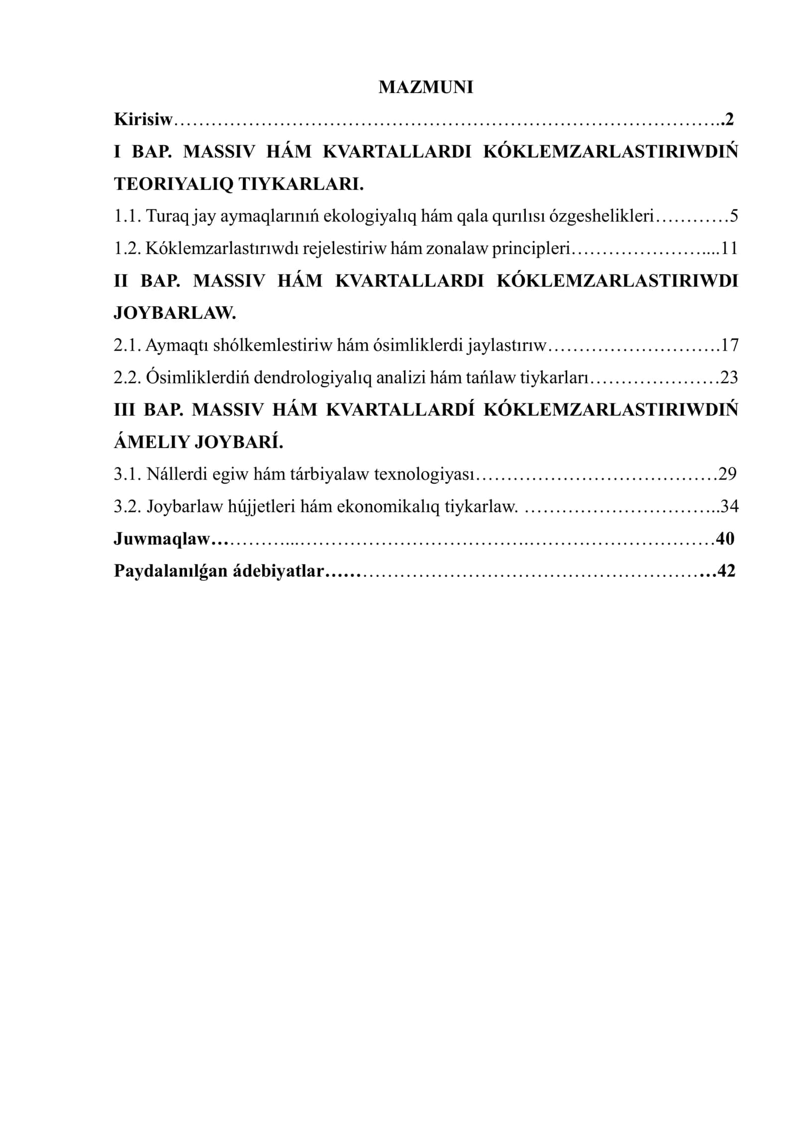 MASSIV HÁM KVARTALLARDI KÓKLEMZARLASTIRIWDIŃ ÁMELIY JOYBARÍ 1