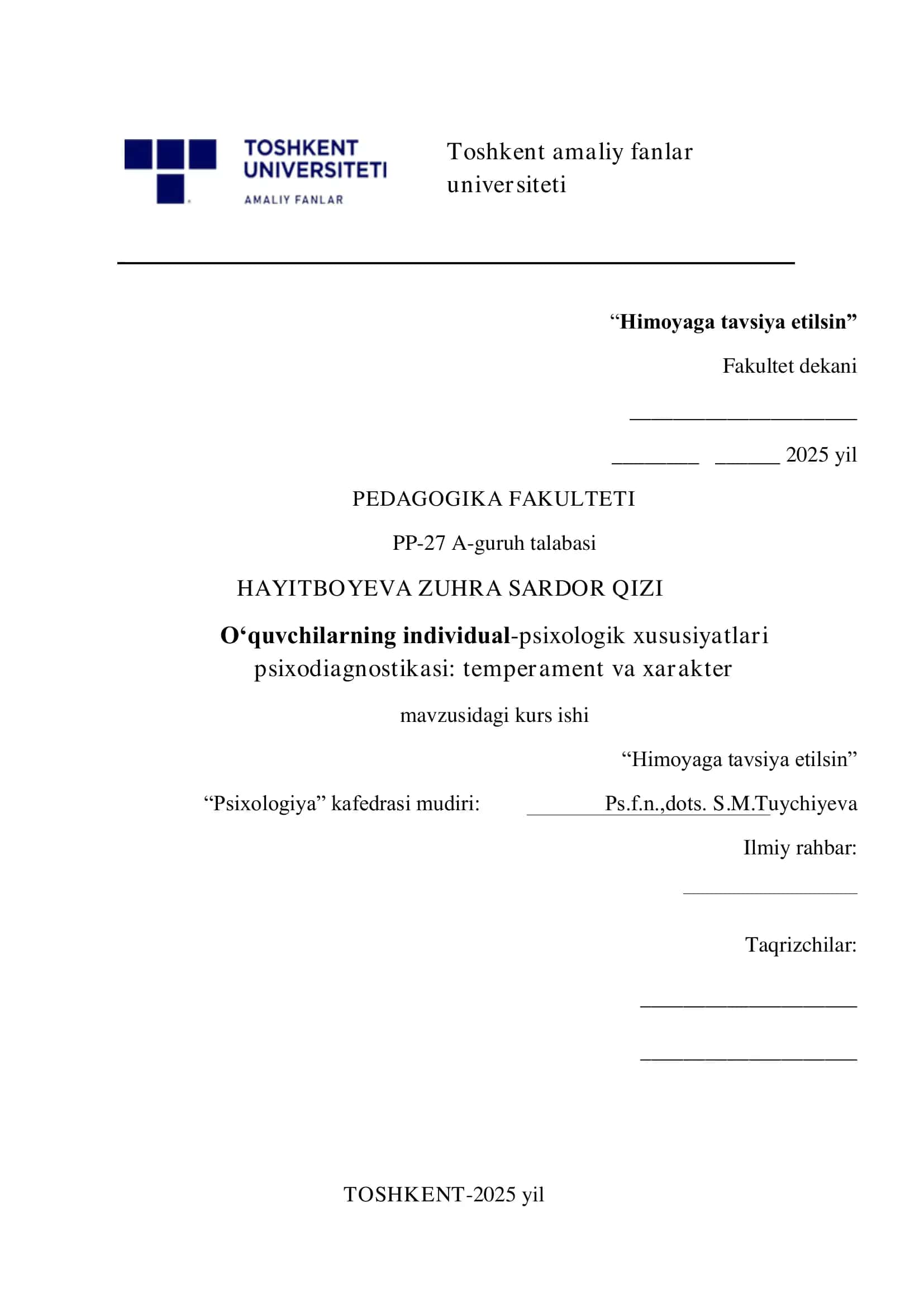 O‘quvchilarning individual-psixologik xususiyatlari 
psixodiagnostikasi: temperament va xarakter 1