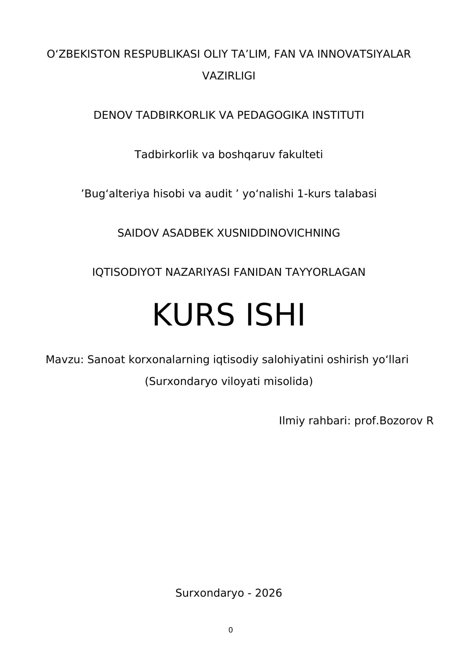 KURS ISHI: Sanoat korxonalarning iqtisodiy salohiyatini oshirish yoʻllari (Surxondaryo viloyati misolida) 1