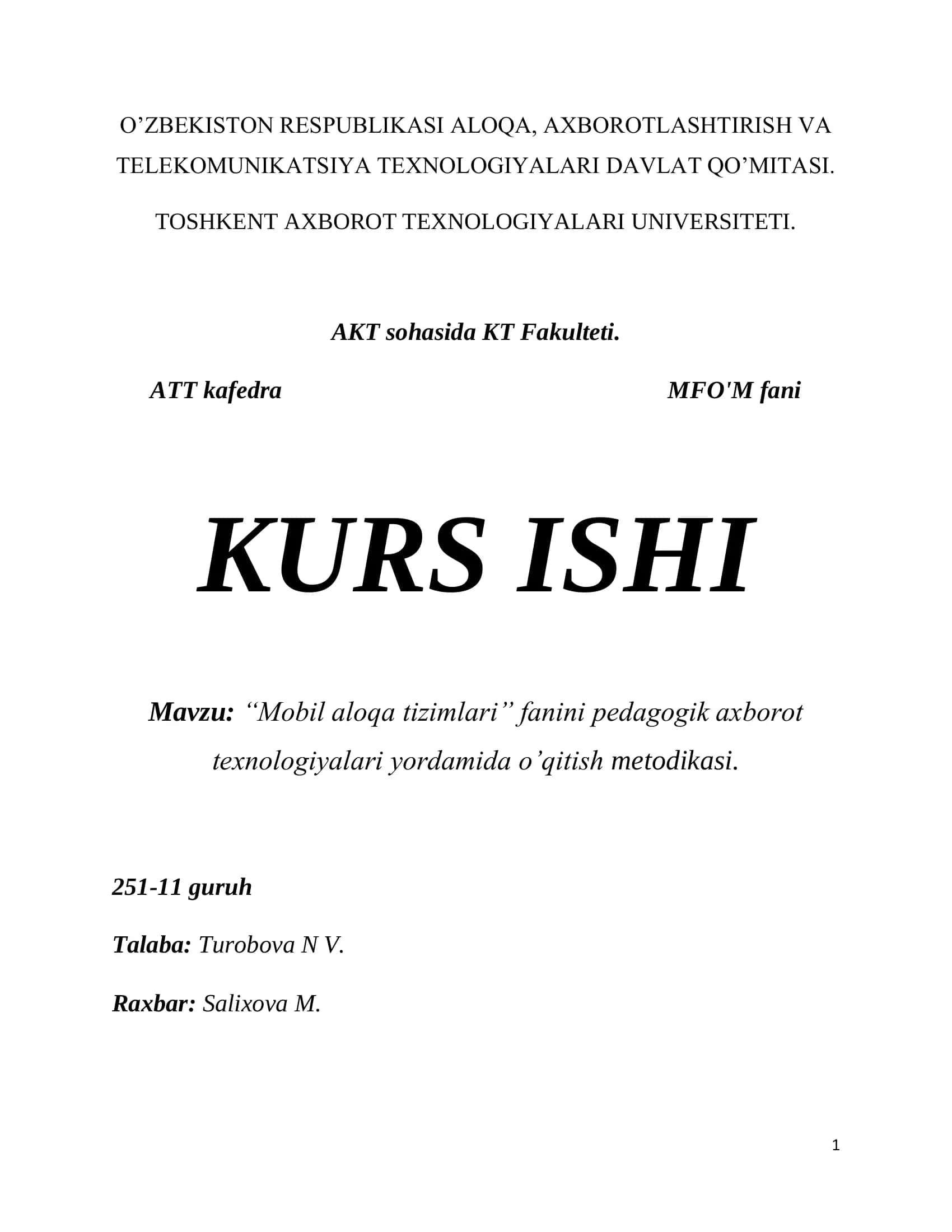 “Mobil aloqa tizimlari” fanini pedagogik axborot texnologiyalari yordamida o’qitish metodikasi 1