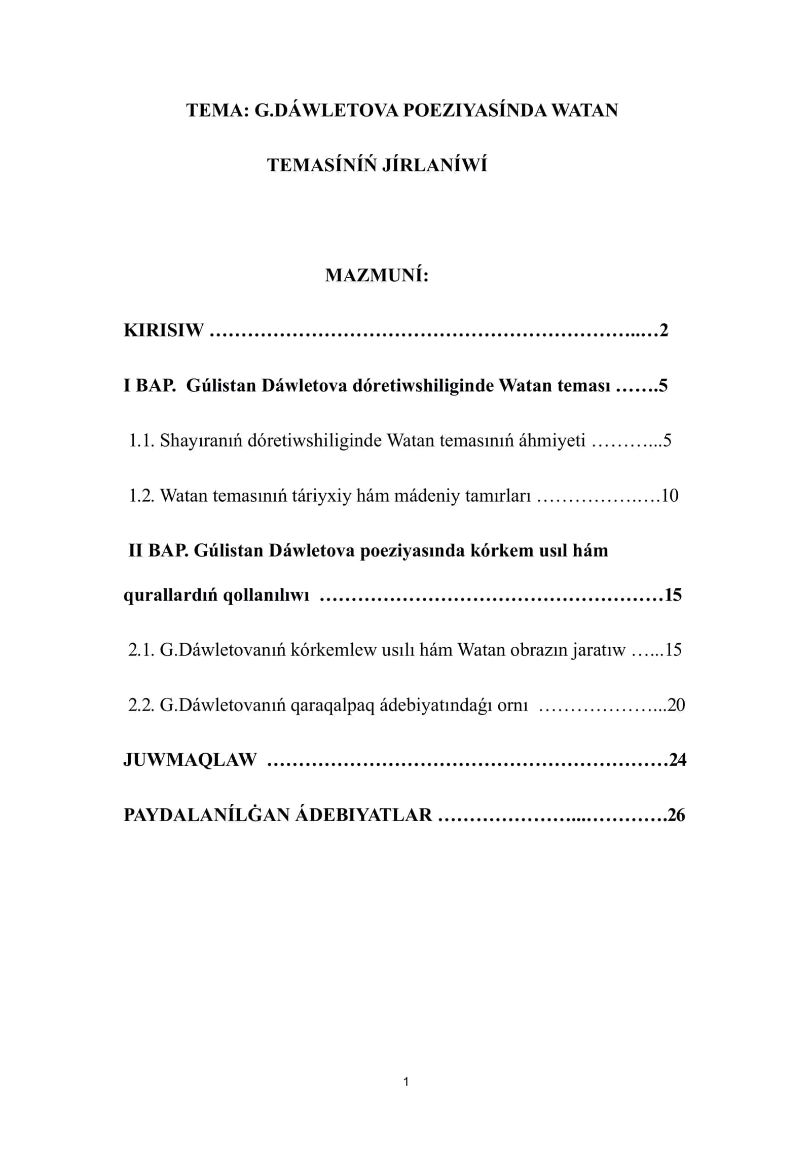 G. Dáwletova poeziyasında Watan temasınıń jırlanıwı - KUrs jumısı 1