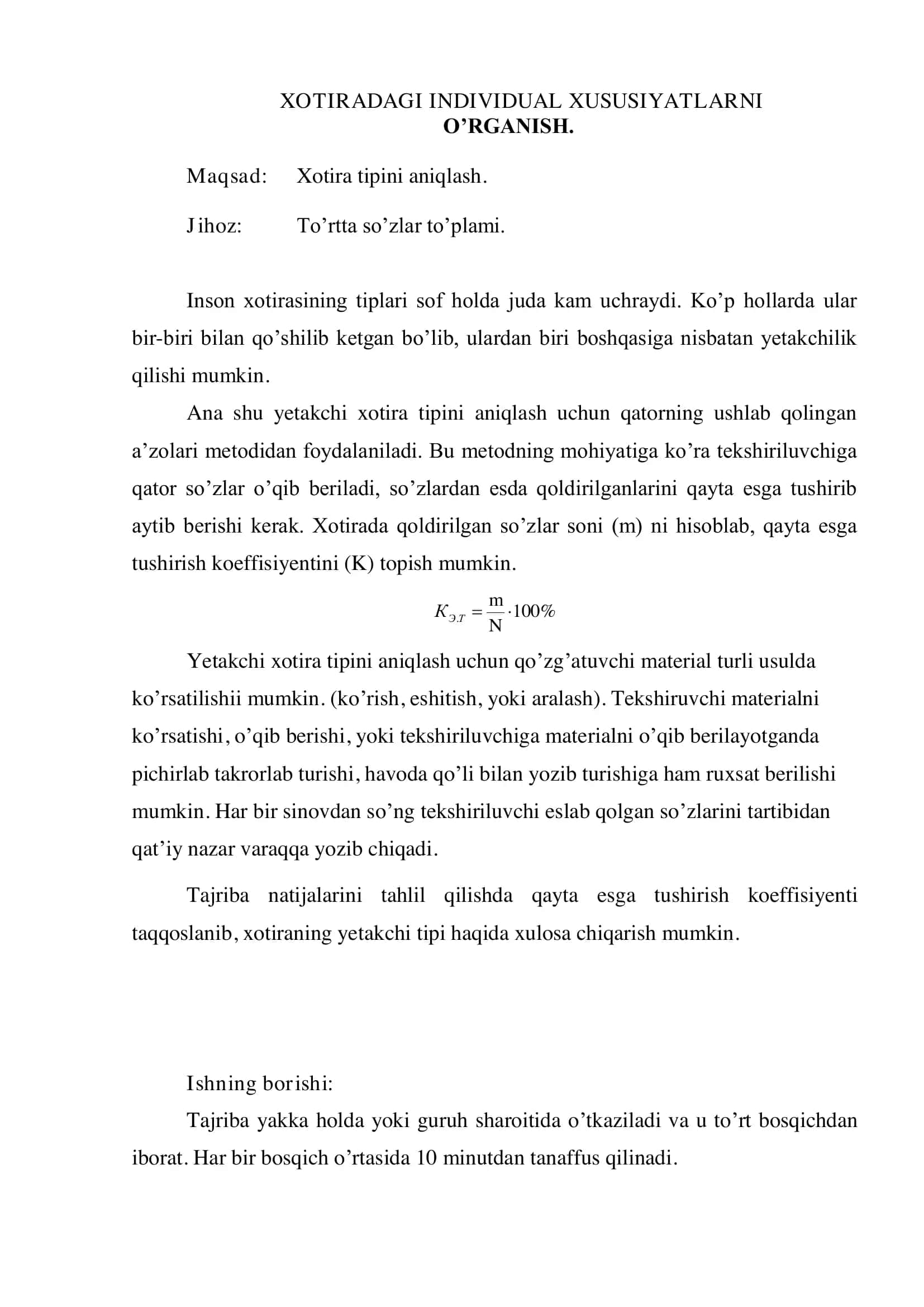 Xotiradagi Individual Xususiyatlarni O'rganish 1