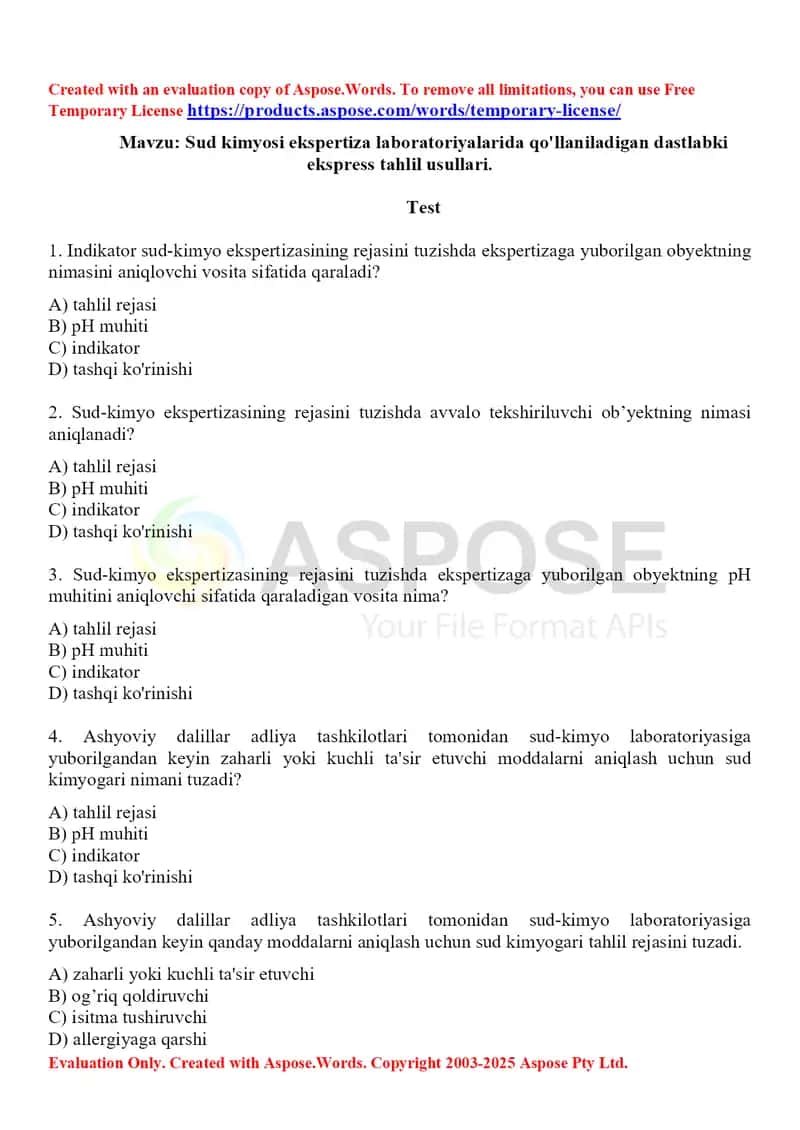 2. Sud kimyosi ekspertiza laboratoriyalarida qo'llaniladigan dastlabki ekspress tahlil usullari. Test 15 ta. 1