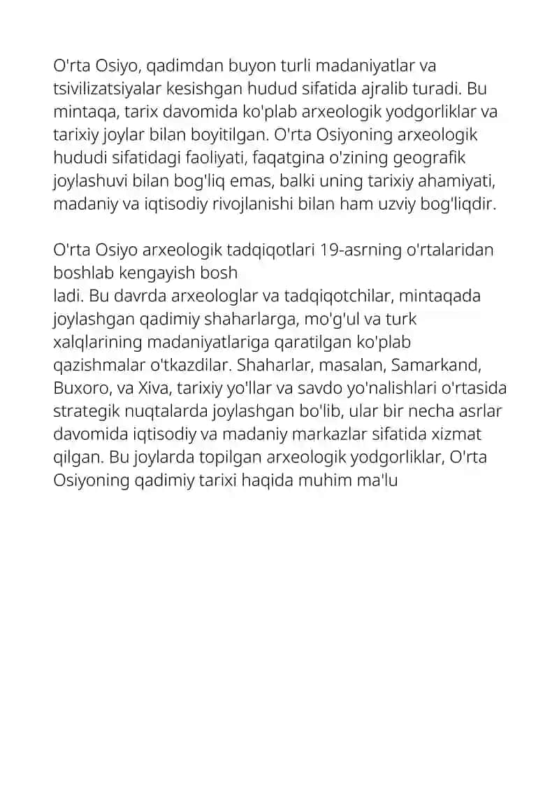 O'rta Osiyoning arxeologik hudud sifatidagi faoliyati