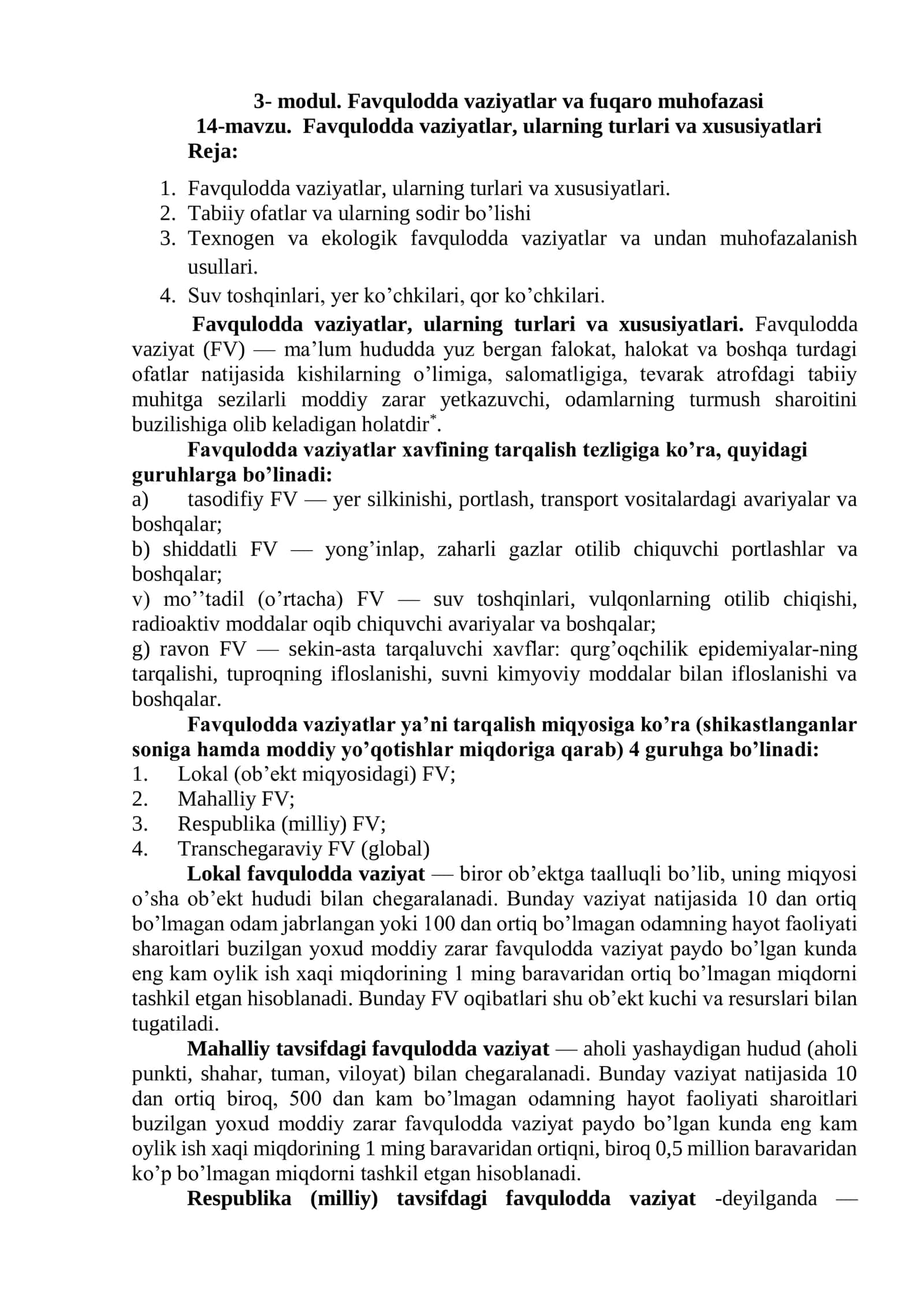 Favqulodda vaziyatlar, ularning turlari va xususiyatlari 1