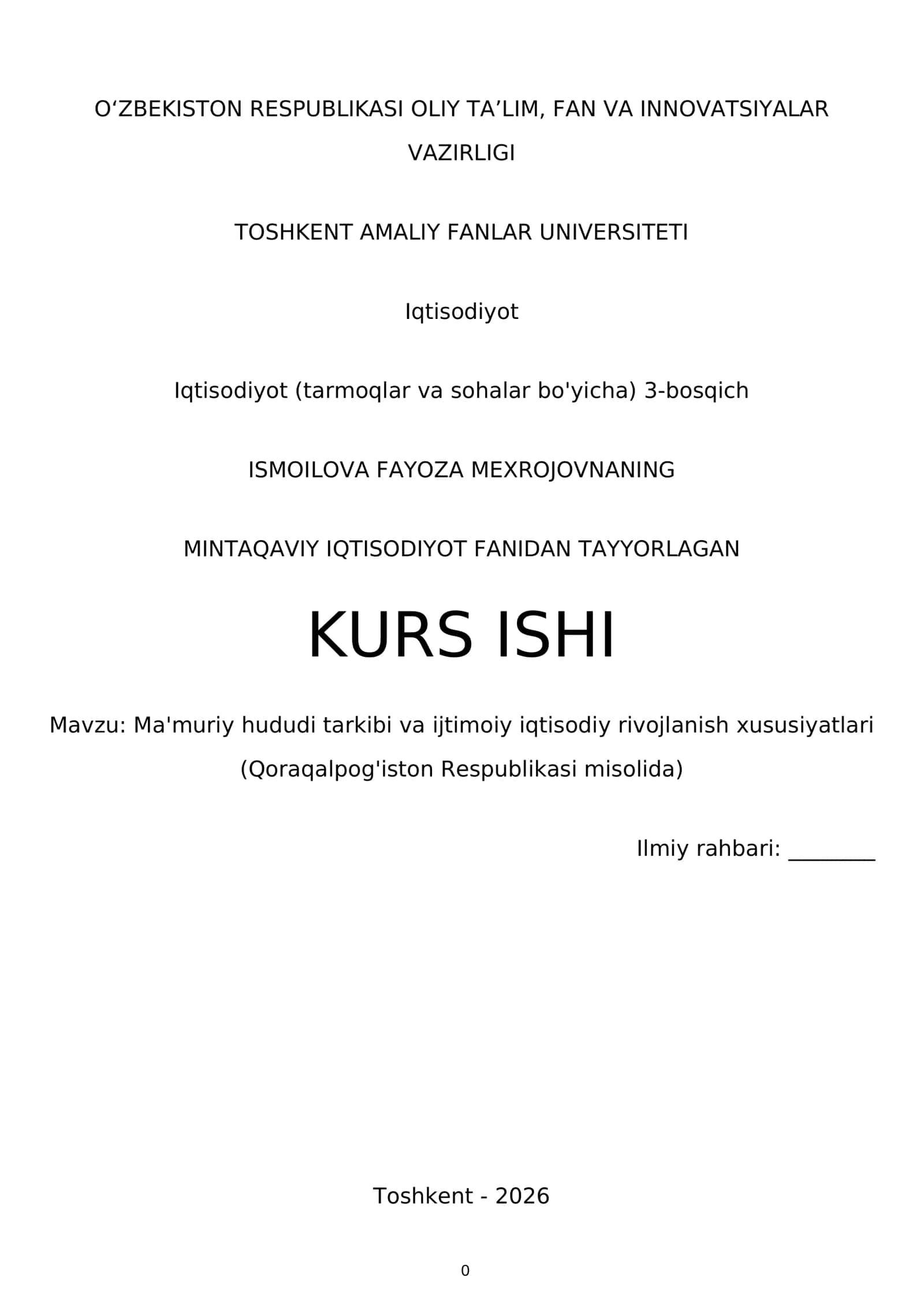 MINTAQAVIY IQTISODIYOT FANIDAN TAYYORLAGAN KURS ISHI 1