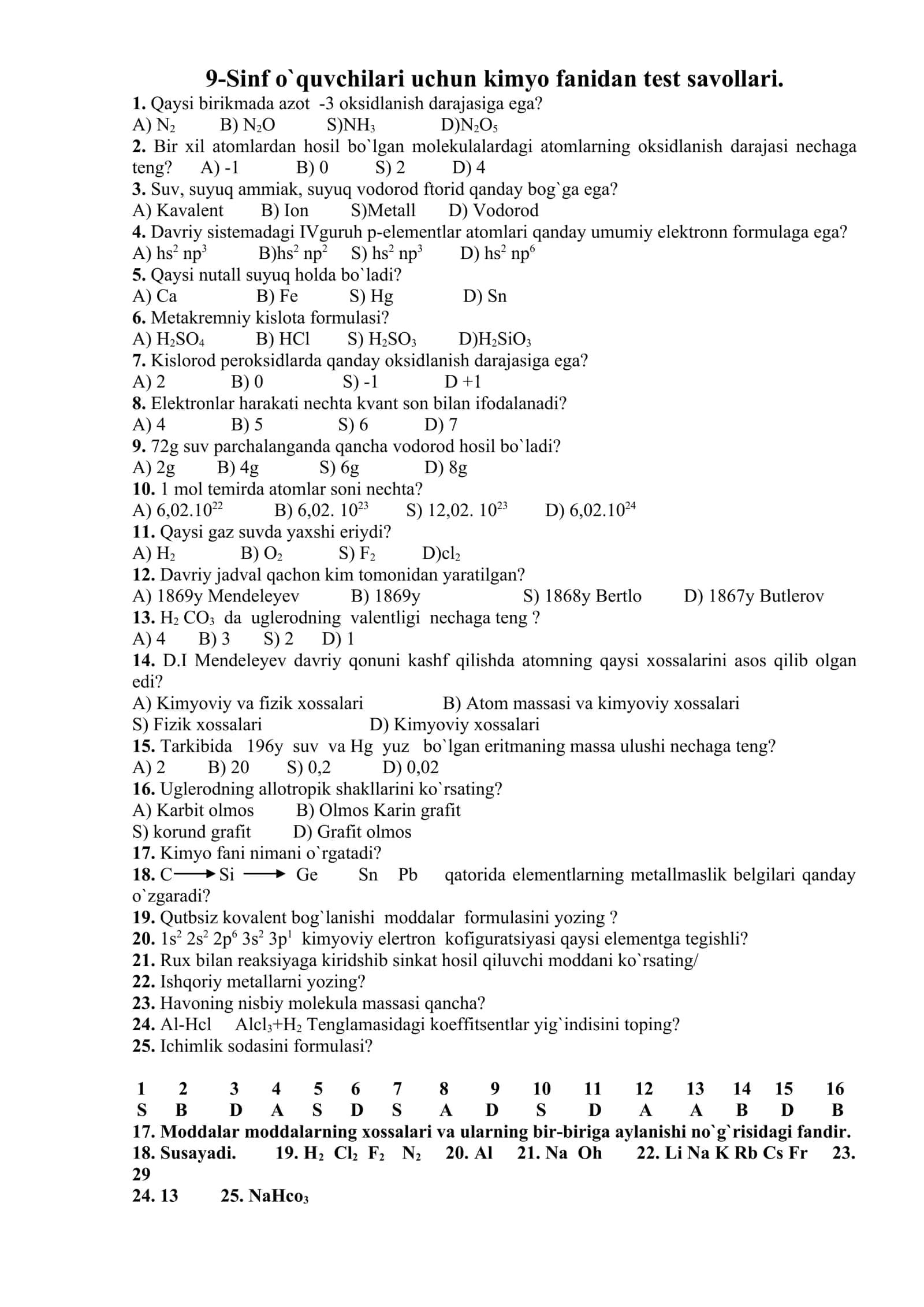 9-Sinf o`quvchilari uchun kimyo fanidan test savollari 1