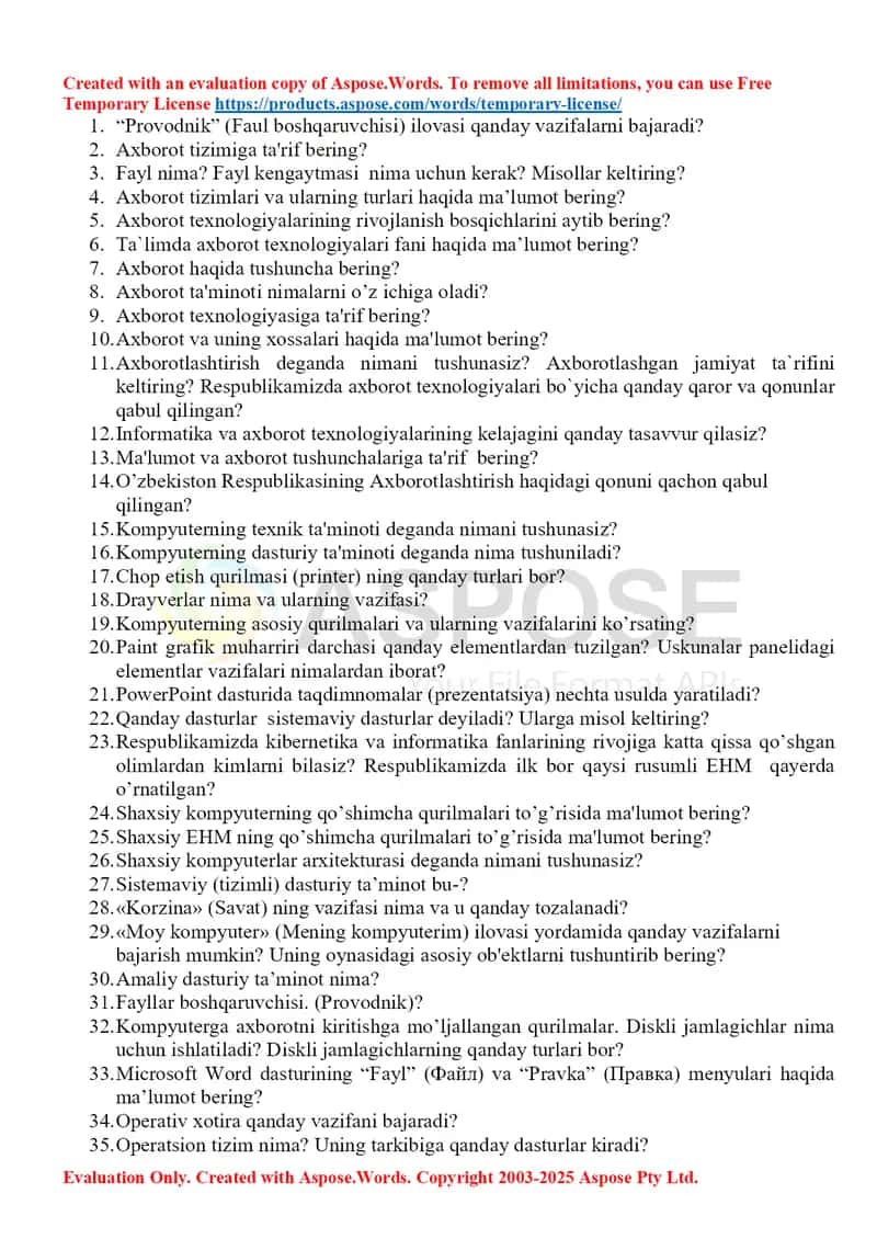 Axborot texnologiyalari fanidan mustaqil ish savollari to‘plami 1