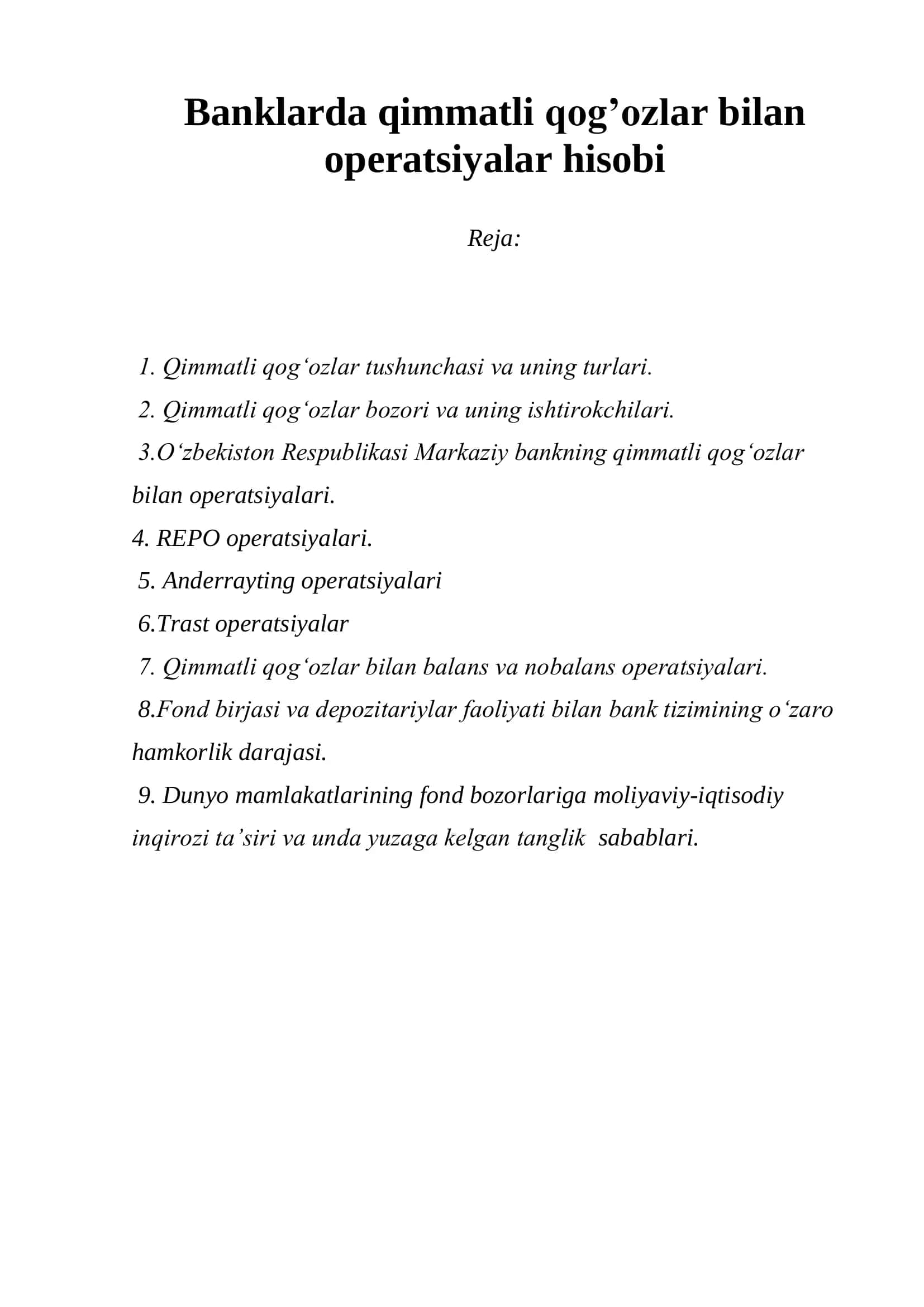 Qimmatli qog'ozlar bilan operatsiyalar hisobi 1