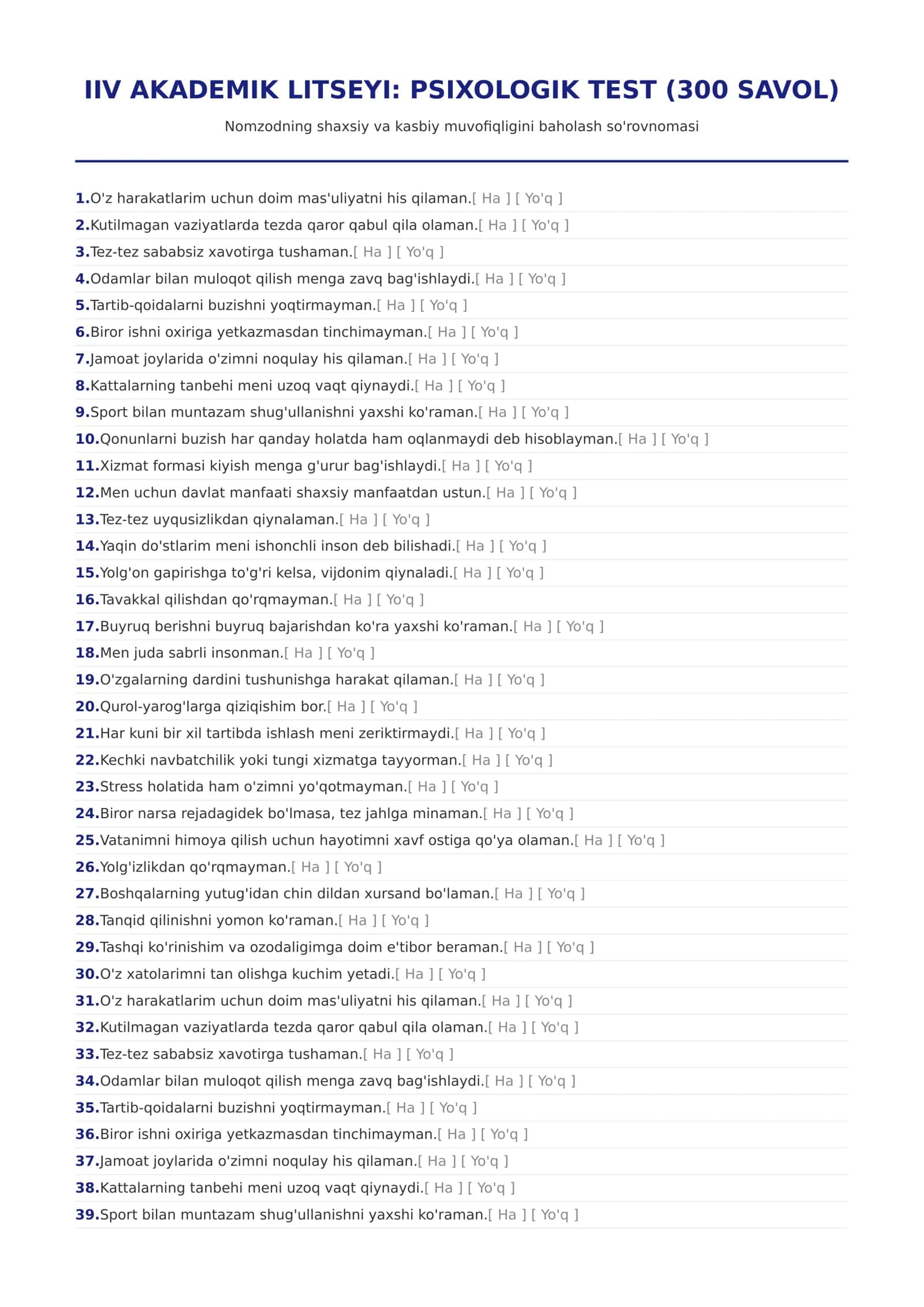 PSIXOLOGIK TEST (300 SAVOL) 1
