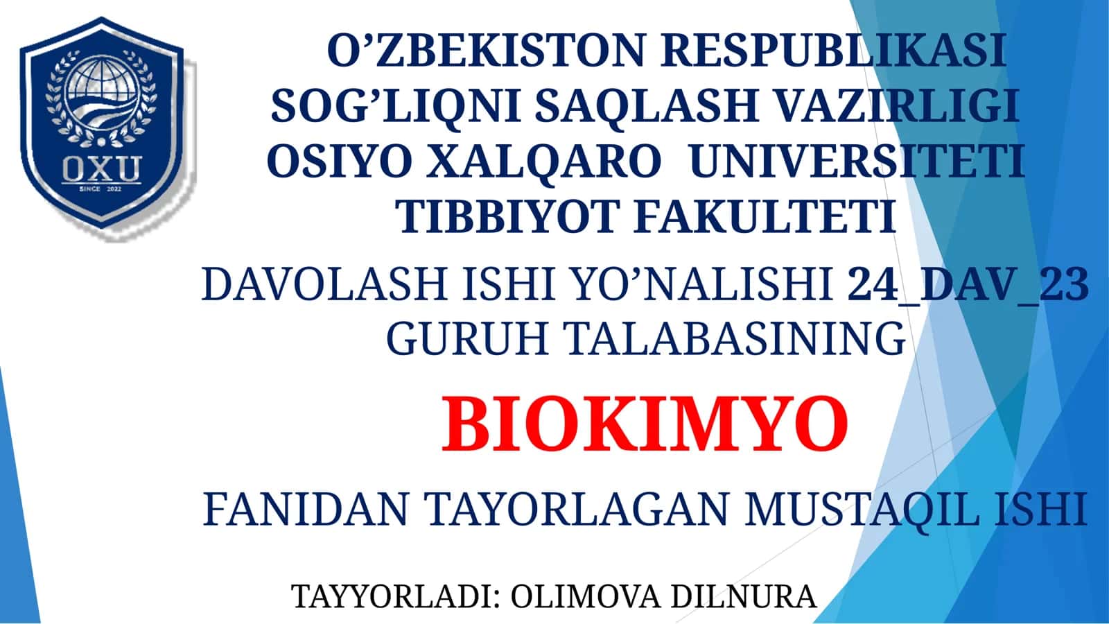 BIOKIMYO FANIDAN TAYORLAGAN MUSTAQIL ISHI 1