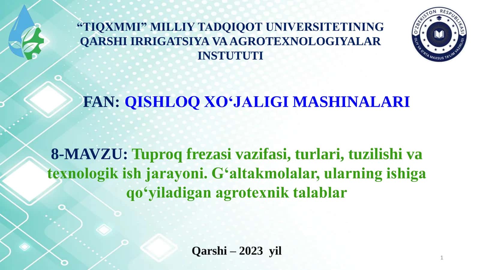 Tuproq frezasi vazifasi, turlari, tuzilishi va texnologik ish jarayoni. G‘altakmolalar, ularning ishiga qo‘yiladigan agrotexnik talablar 1