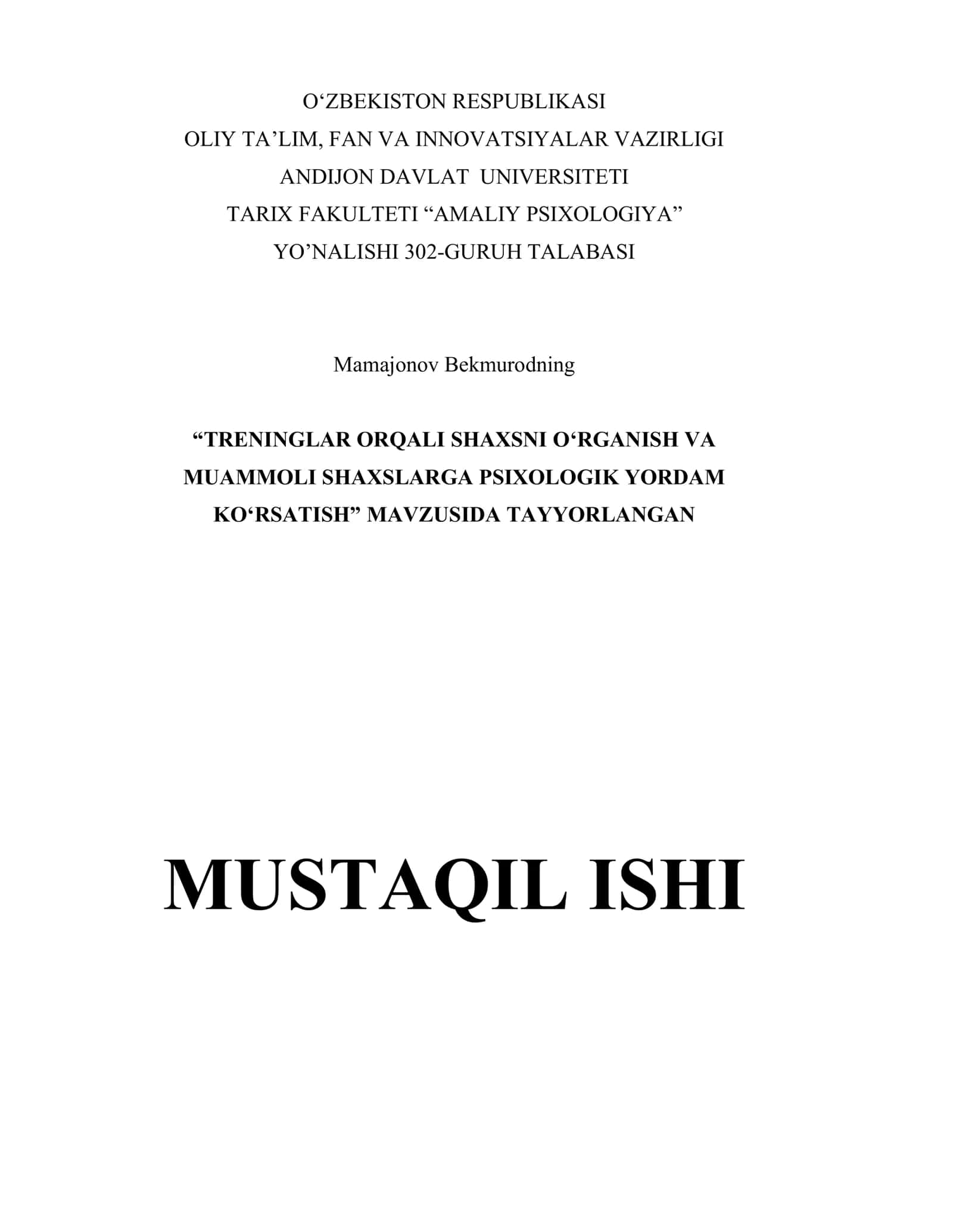 “TRENINGLAR ORQALI SHAXSNI O‘RGANISH VA MUAMMOLI SHAXSLARGA PSIXOLOGIK YORDAM KO‘RSATISH” MAVZUSIDA TAYYORLANGAN 1