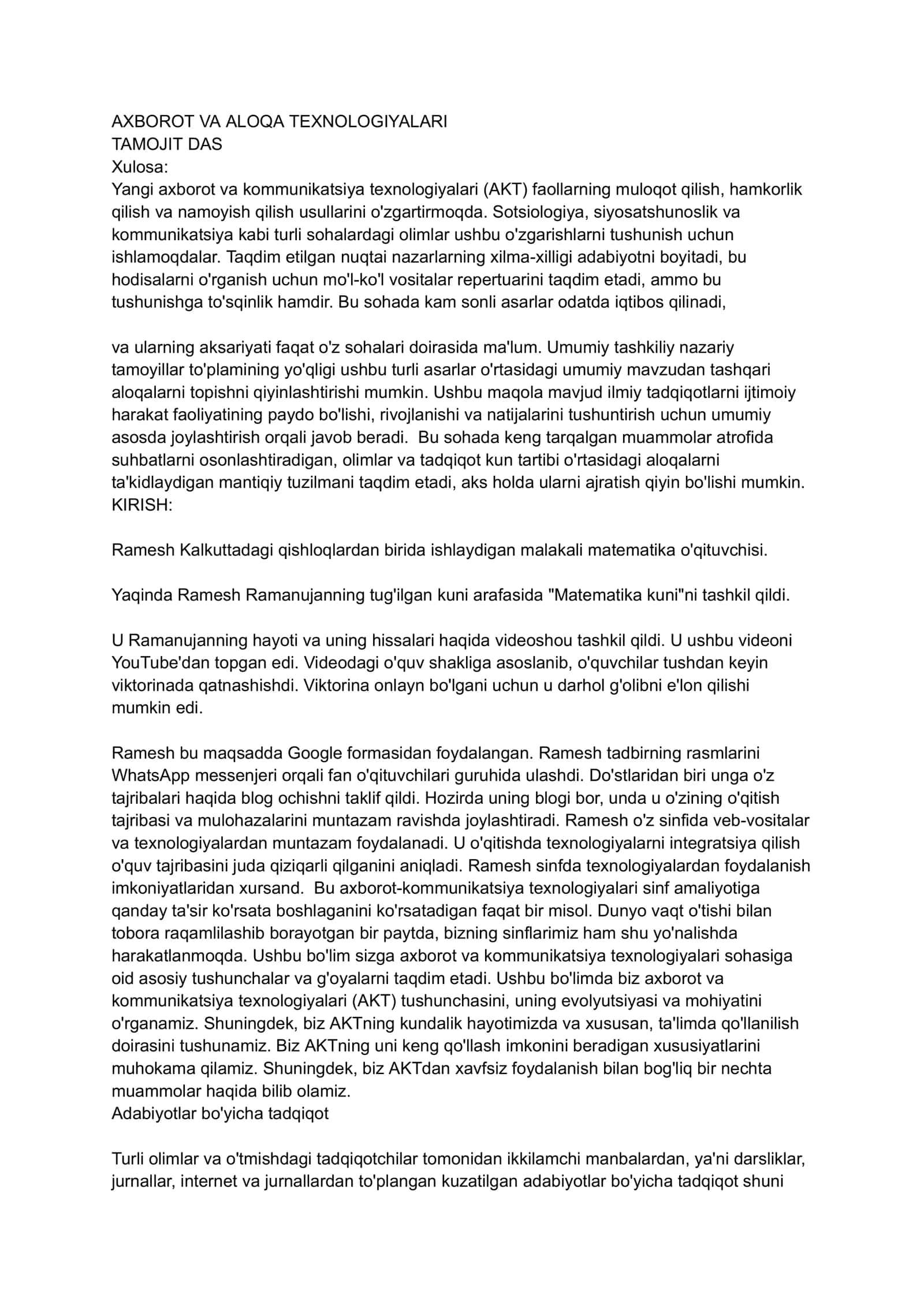 AXBOROT VA ALOQA TEXNOLOGIYALARI 1