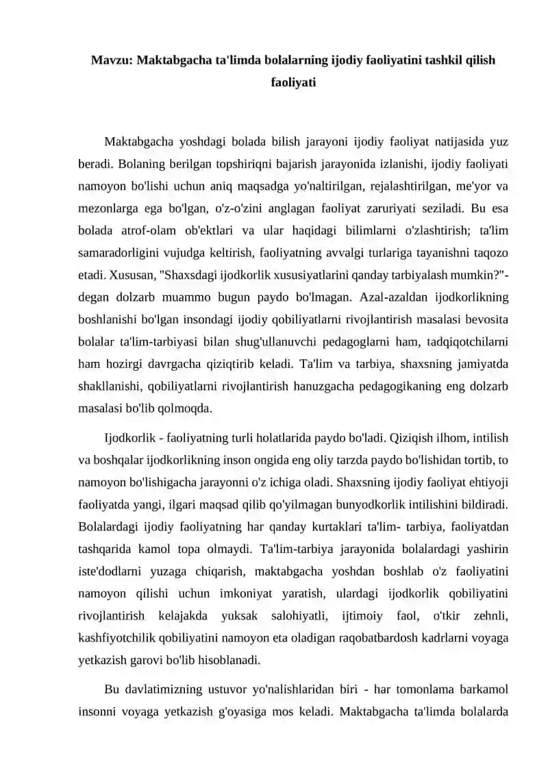 Bolalarning ijodiy faoliyatini tashkil qilish