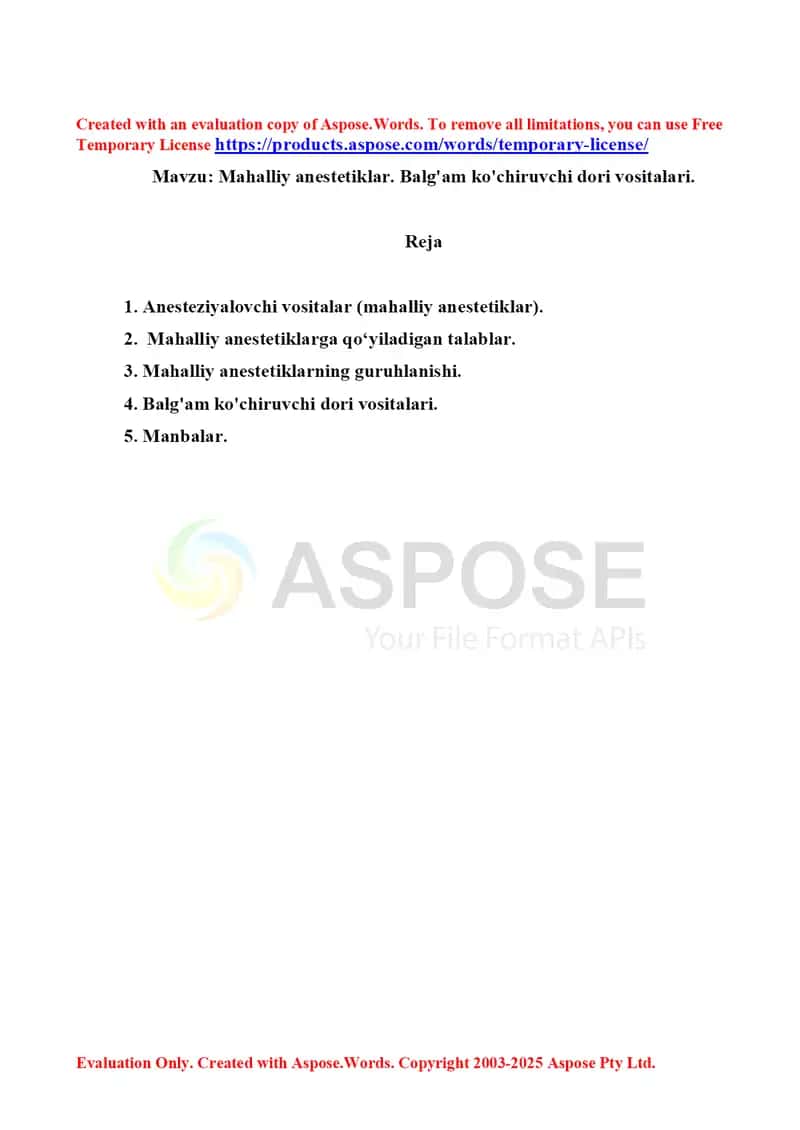Mahalliy anestetiklar. Balg'am ko'chiruvchi dori vositalari. Referat 7 bet. 1
