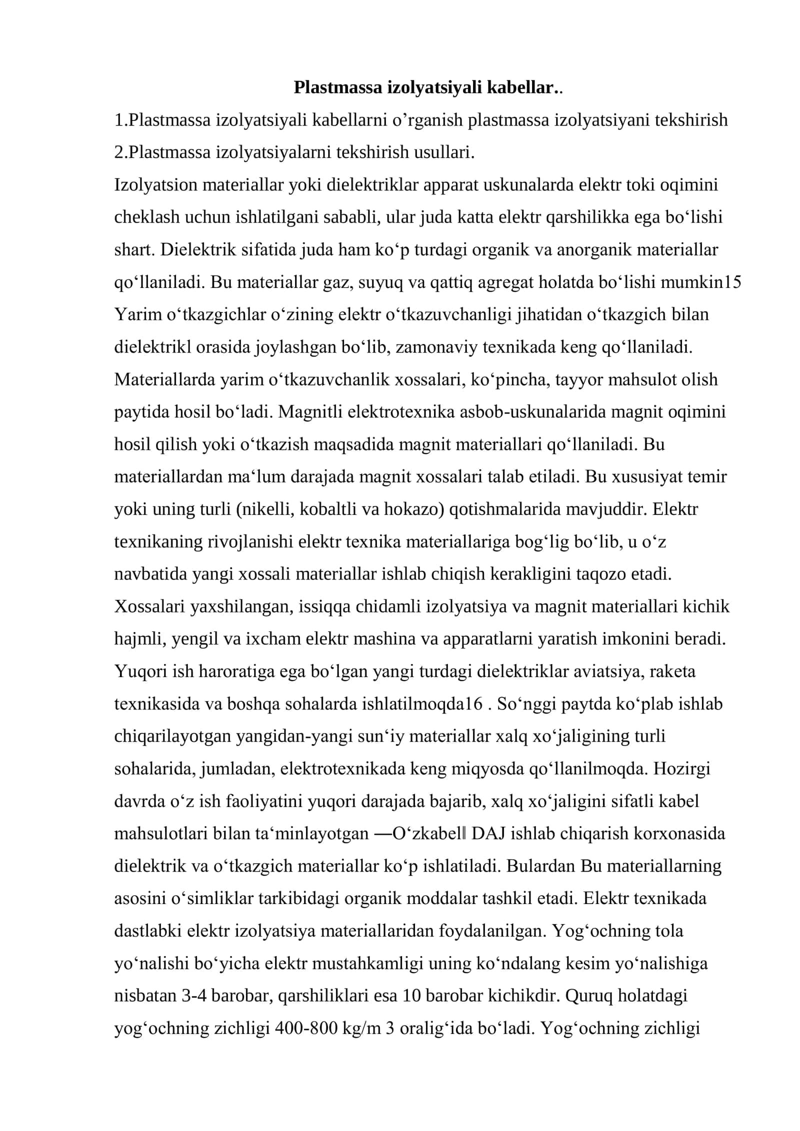 Plastmassa izolyatsiyali kabellarni o'rganish 1