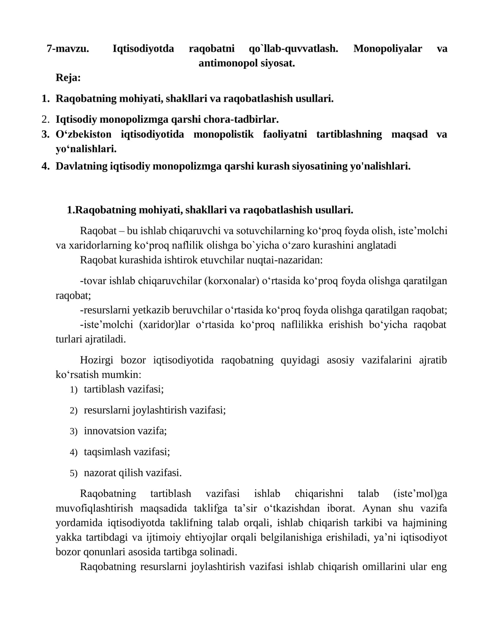 Raqobatning mohiyati, shakllari va raqobatlashish usullari 1