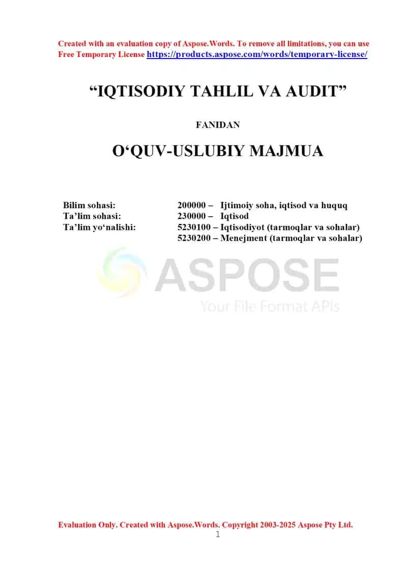 Iqtisodiy tahlil va audit fanidan o‘quv-uslubiy majmua 1