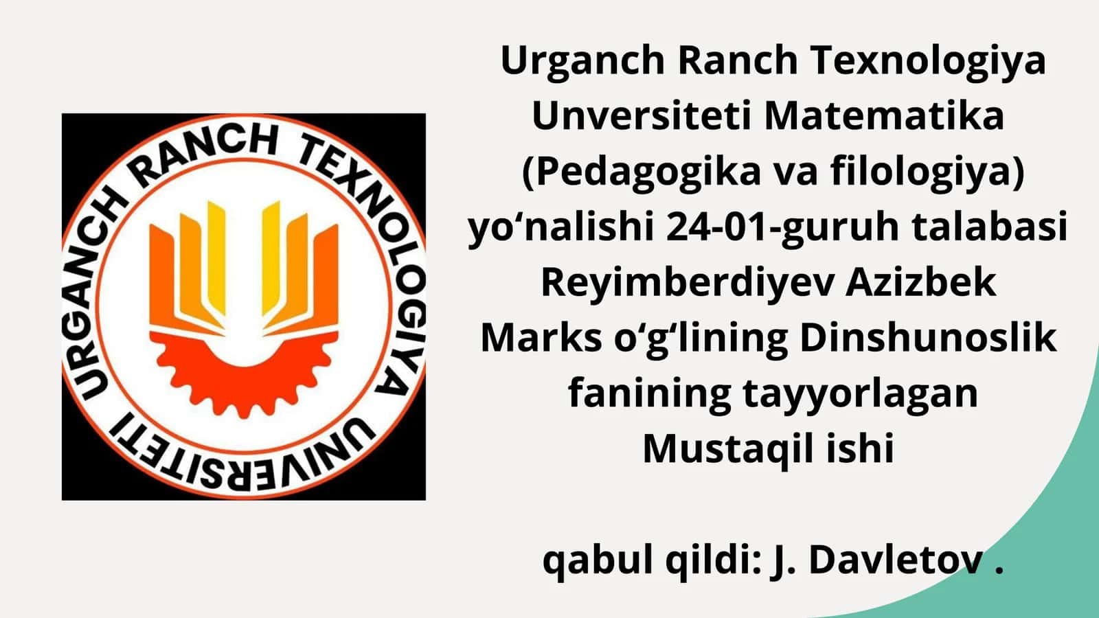 Dinshunoslik fanining tayyorlagan Mustaqil ishi 1