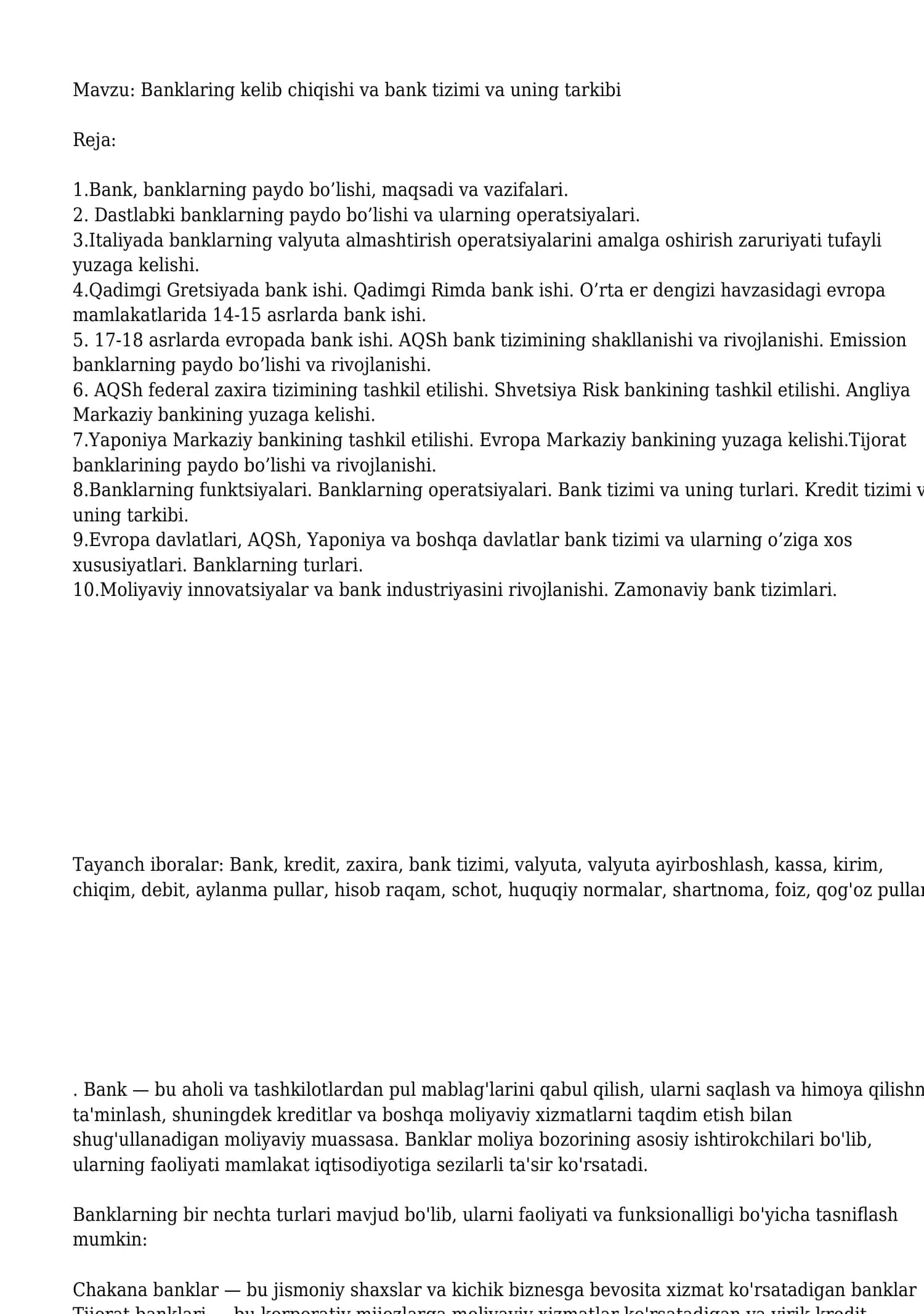 Banklarning kelib chiqishi va bank tizimi va uning tarkibi 1