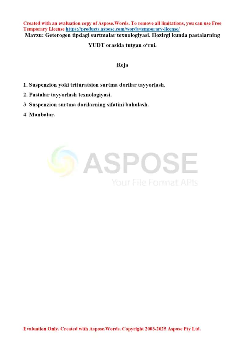 Geterogen tipdagi surtmalar texnologiyasi. Hozirgi kunda pastalarning YUDT orasida tutgan o'rni. Referat, 7 sahifa. 1