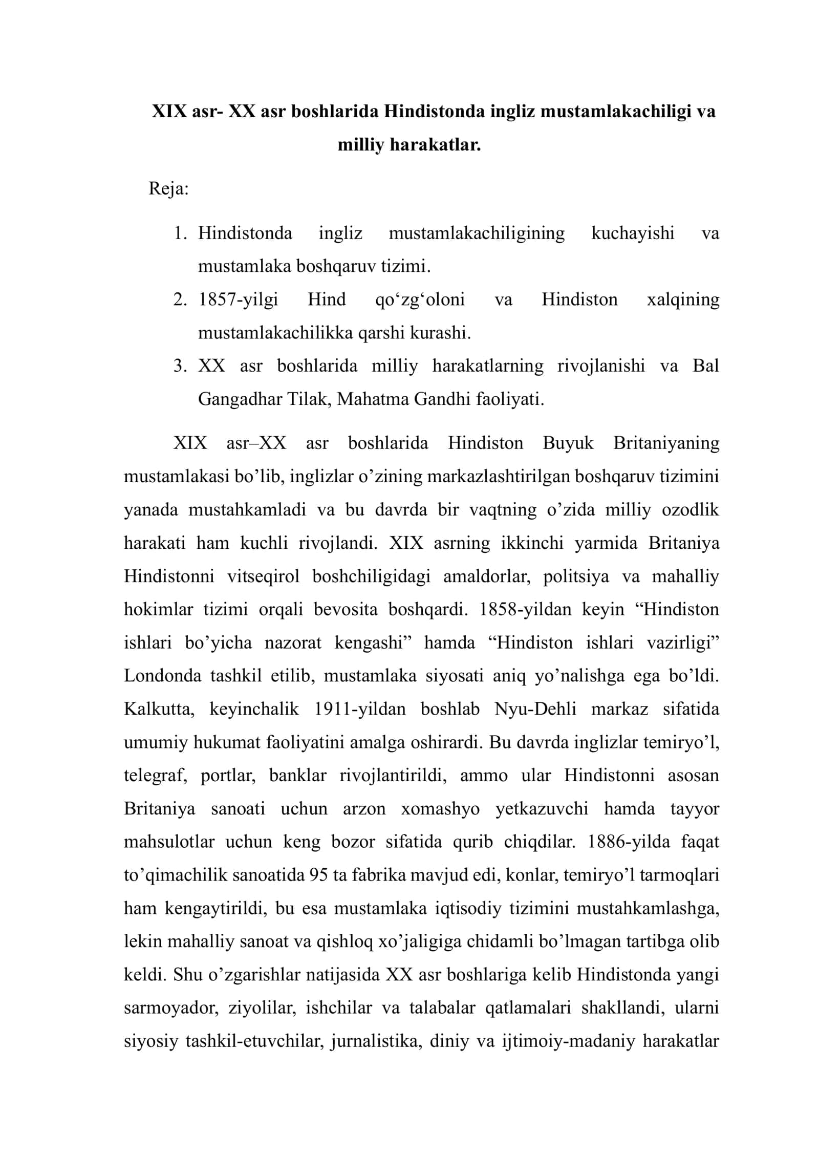 XIX asr- XX asr boshlarida Hindistonda ingliz mustamlakachiligi va milliy harakatlar 1
