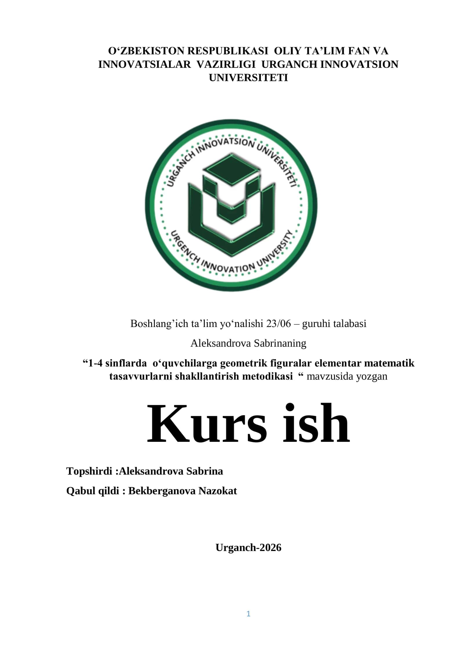 1-4 sinflarda o‘quvchilarga geometrik figuralar elementar matematik tasavvurlarni shakllantirish metodikasi 1